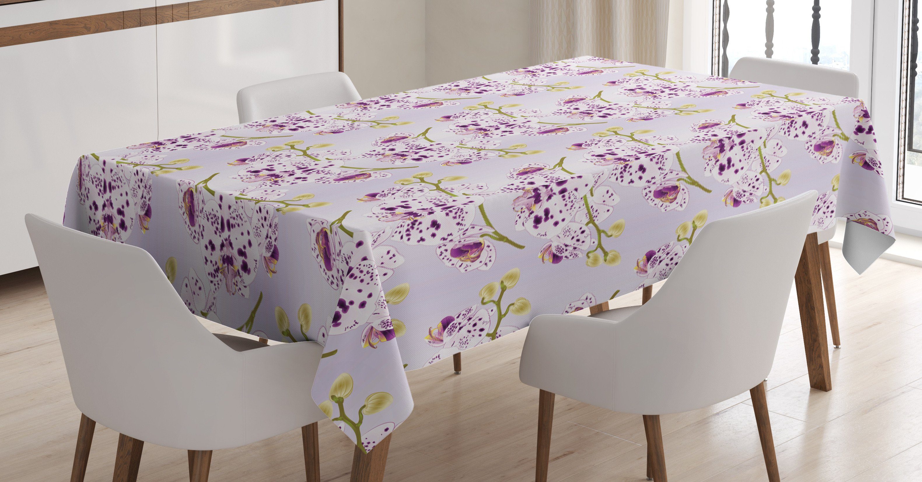 Tischdecke Außen Waschbar geeignet Punkte Farben, Orchideen Lila Farbfest Für Bereich Klare den Blüten Abakuhaus Exotische