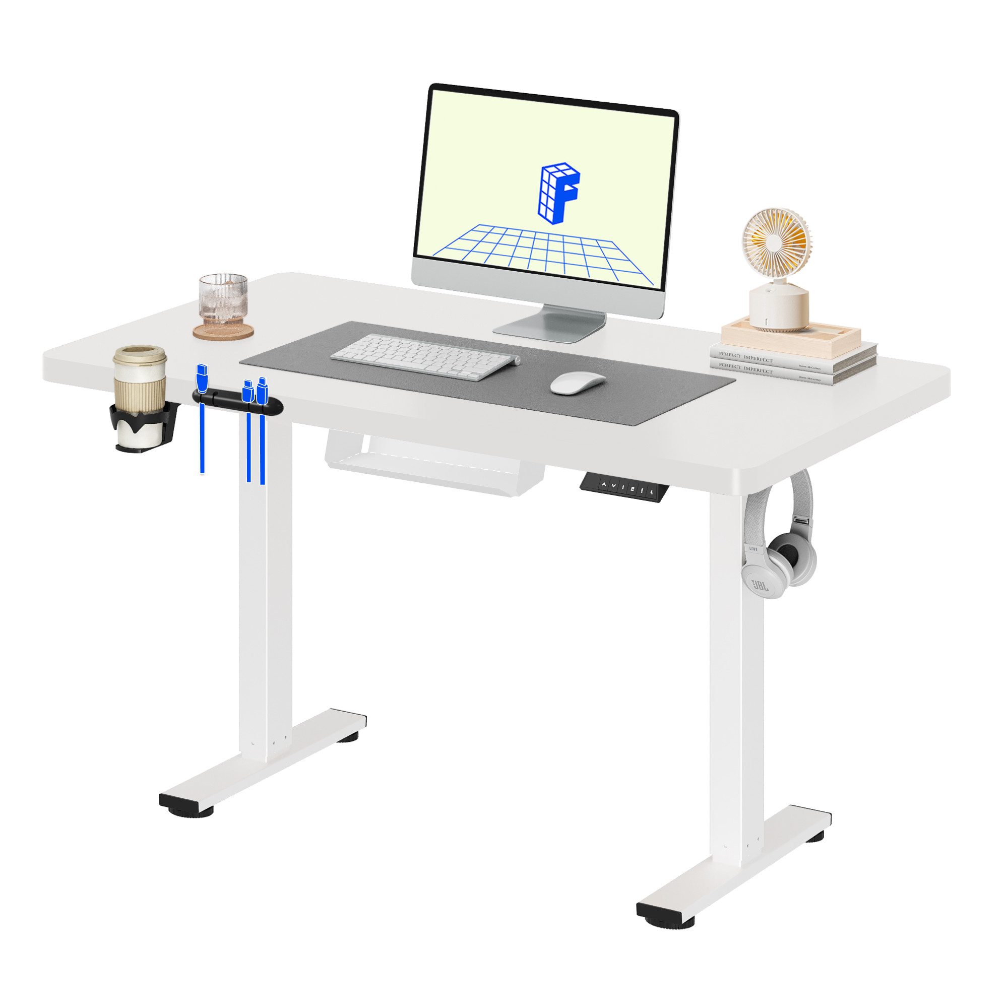 FLEXISPOT Schreibtisch Basic-Series Elektrisch höhenverstellbarer Schreibtisch (Anti-Kollisions-system, 2- Fach-Teleskop, mit Becherhalter & Kabelkanal & Haken & Aufbewahrungsbox, LED-Display), MAX. Load: 70kg, 100/110/120/140/160, MIT einteilige Tischplatte