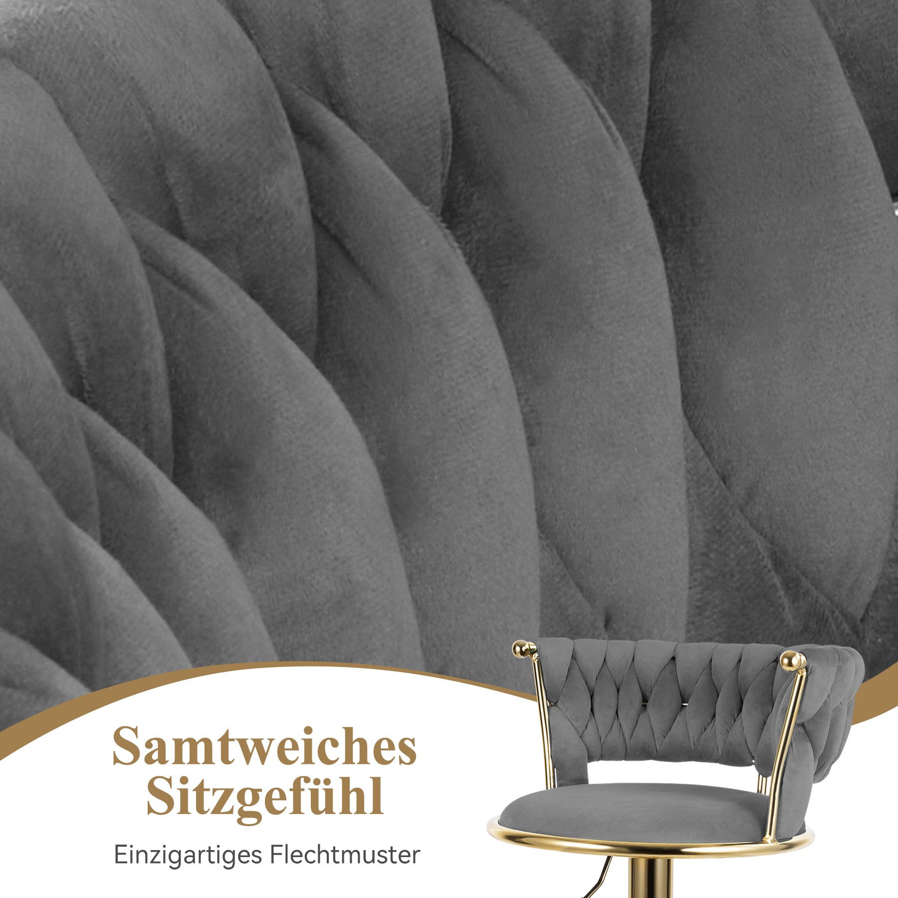 HawthyHome Barhocker Barstuhl mit Rückenlehne und Fußstütze höhenverstellbar drehbar (2 St), mit goldener Metallbasis, Dunkelgrau – Bild 3 von 5