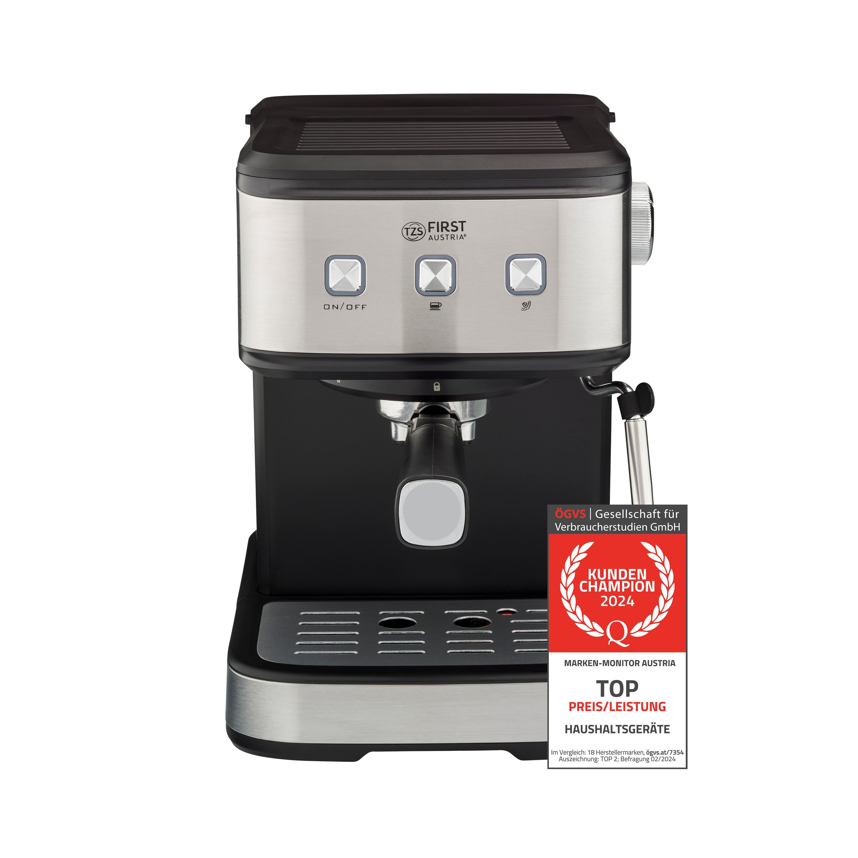 TZS FIRST AUSTRIA Siebträgermaschine, tauglich für Pads, 1,5 L Wassertank, inkl. 2in1 Messlöffel und Tamper