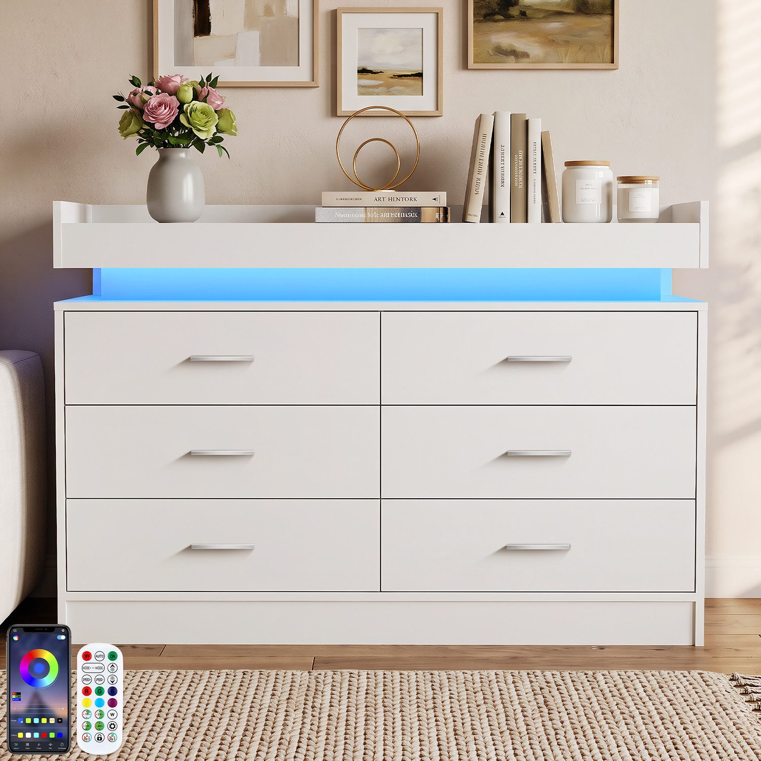 oyajia Kommode Sideboard mit 6 Schubladen und LED-Beleuchtung, Schrank für Wohnzimmer und Schlafzimmer Weiß