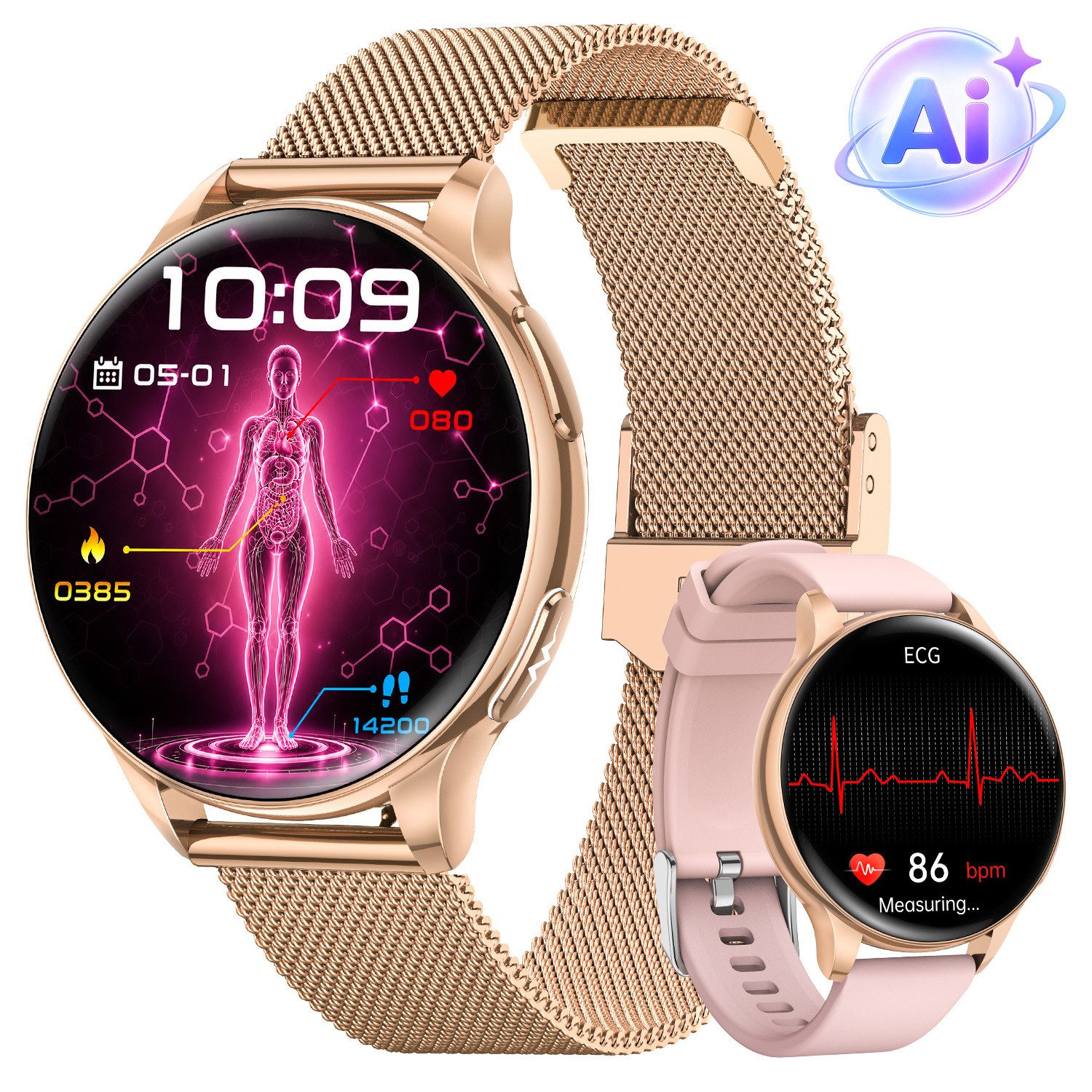 Whraills 2026 Ai Smartwatch Damen,mit EKG/HRV/BMI/Blutdruck/SpO₂,1,32" AMOLED Smartwatch, Watch,Sportuhr, Fitnessuhr Damen, IP68/mit …