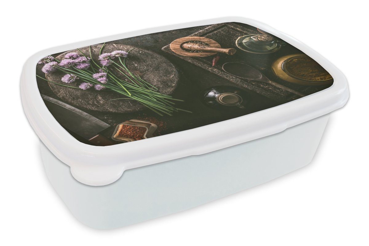Brotbox Kräuter - Lunchbox weiß Mädchen und Rustikal - (2-tlg), Jungs Lila, Brotdose, Küche und - MuchoWow Erwachsene, Kunststoff, - für Schnittlauch Kinder für - Mörser