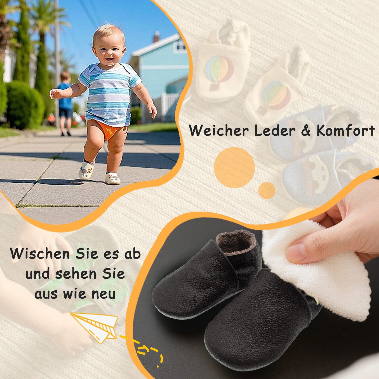 Yalion Weiche Leder Lauflernschuhe Hausschuhe Lederpuschen Dunkelbraun Krabbelschuh – Bild 4 von 5