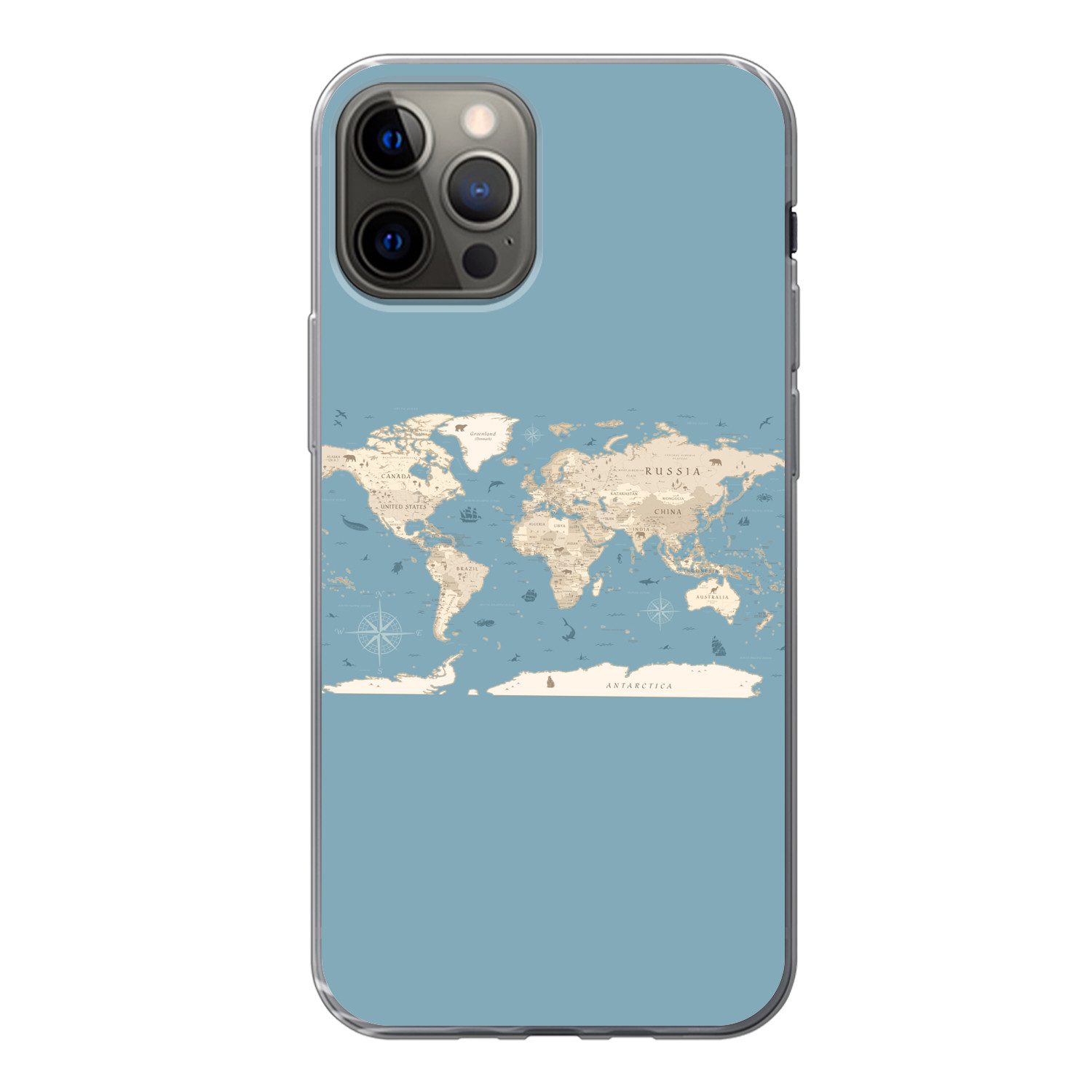 MuchoWow Handyhülle für Apple iPhone 12 Pro Weltkarte - Ozean - Realistisch - Blau, Smartphone-Bumper, Print, Handy Schutzhülle Dünn