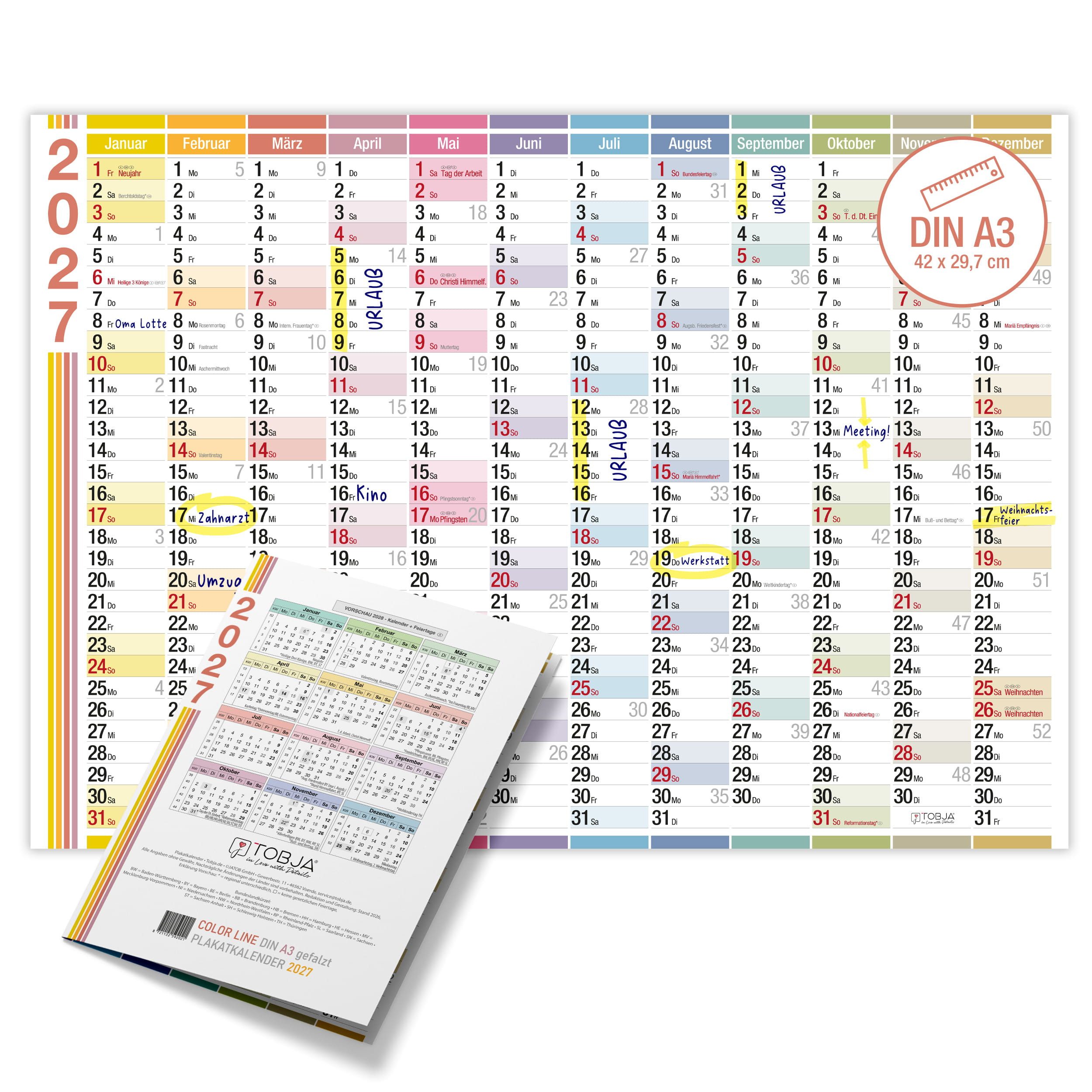 TOBJA Wandkalender Wandkalender 2027 A3 Color Line – Jahresplaner Querformat, Farblinien-Design, KW, FSC-Papier, Rückseite Jahresplanung