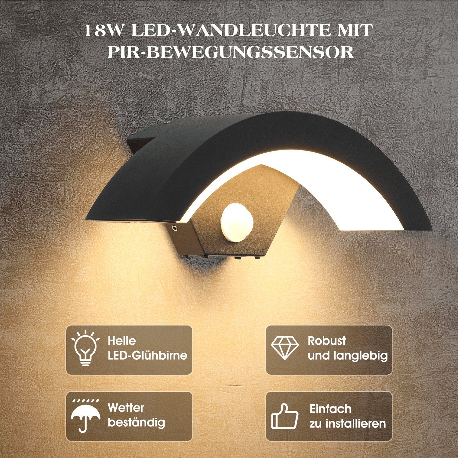 LETGOSPT LED Wandleuchte 18W Halbermond PIR-Bewegungssensor mit Bewegungssensor 3000K mit Wandlampe