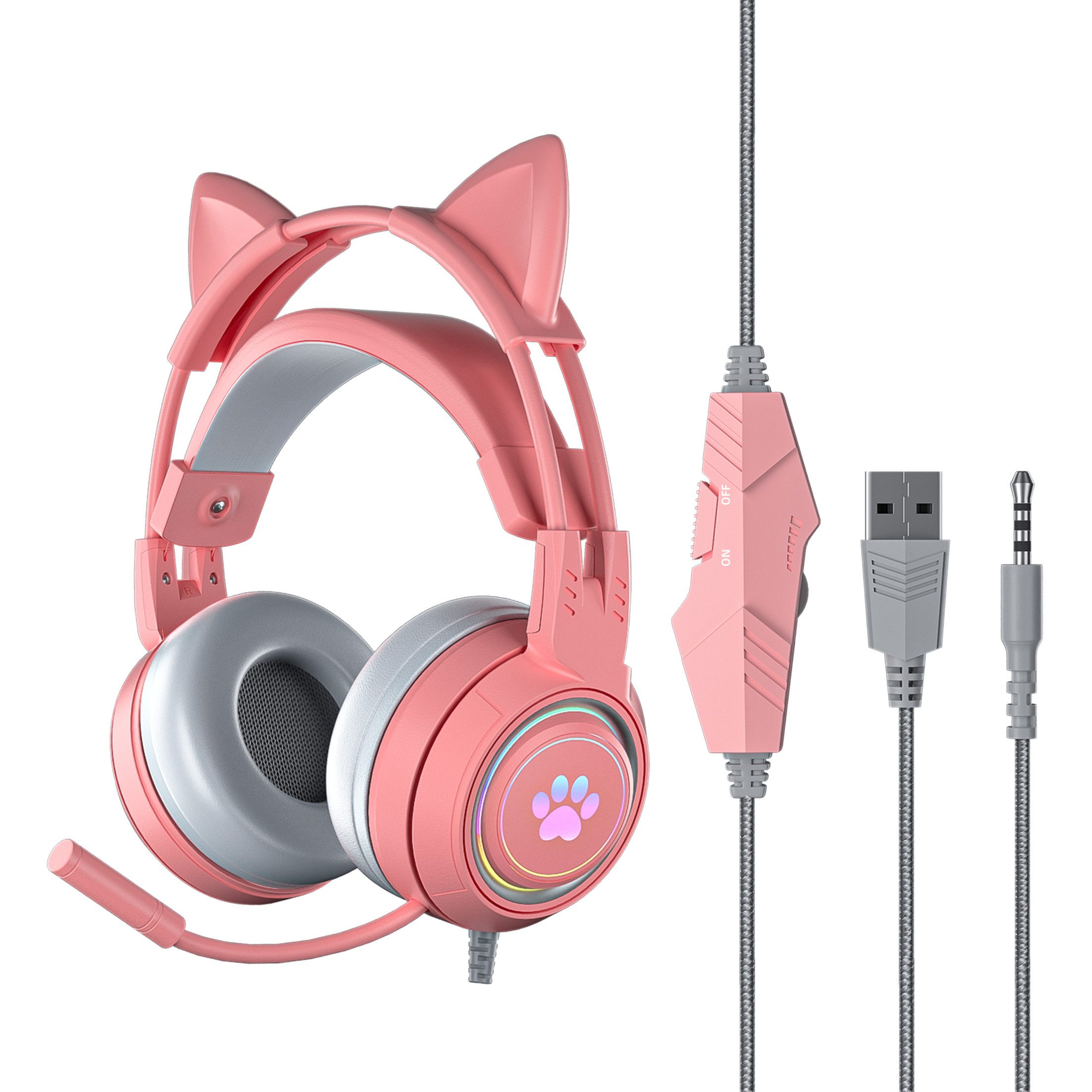 Tadow Kabelgebundenes Gaming-Headset,Gradient Glow Headset,Cat Ear Headset Gaming-Headset (Abnehmbare Katzenohren,Kopfhörer mit beleuchteter Katzenpfote)