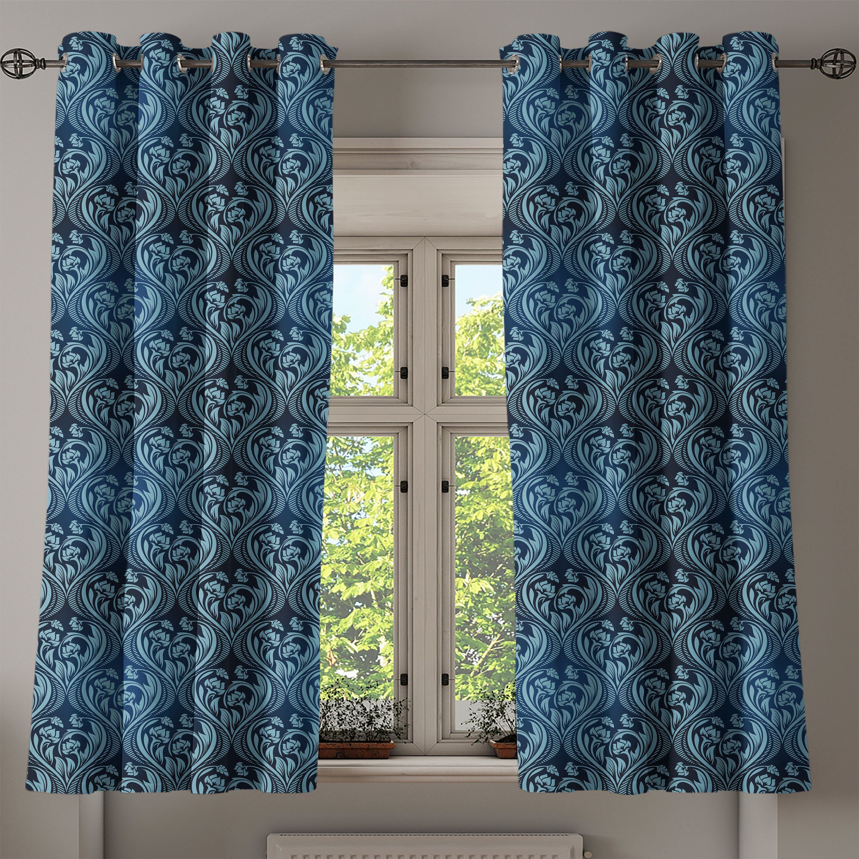 Gardine Dekorative 2-Panel-Fenstervorhänge für aufwändige Abakuhaus, Wohnzimmer, Blaue Flourish viktorianisch Schlafzimmer