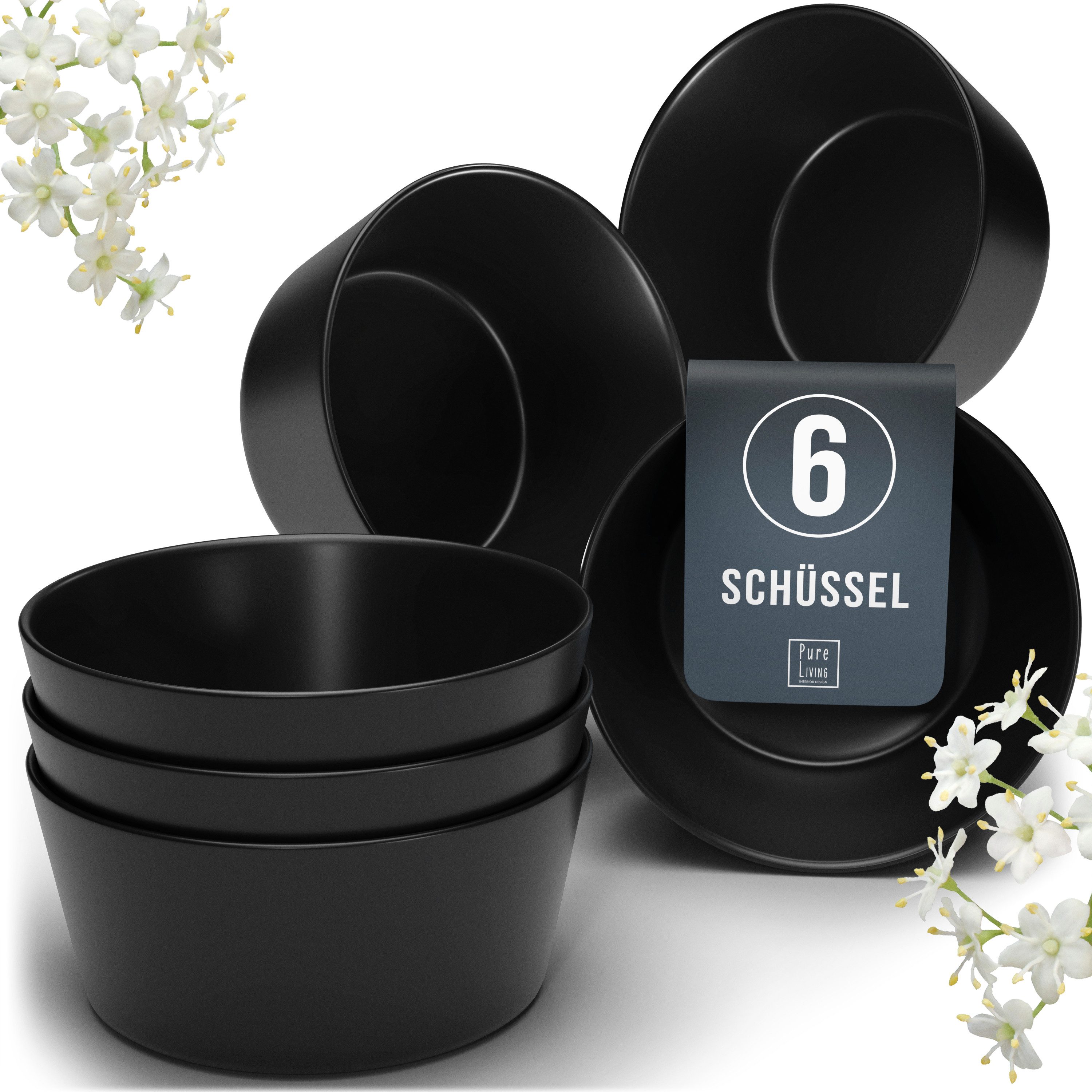 PURE LIVING INTERIOR DESIGN Geschirr-Set Manhattan, 6er-Set Müslischalen, 16 cm, Riffelstruktur, Schwarz (6-tlg), 6 Personen, Steingut
