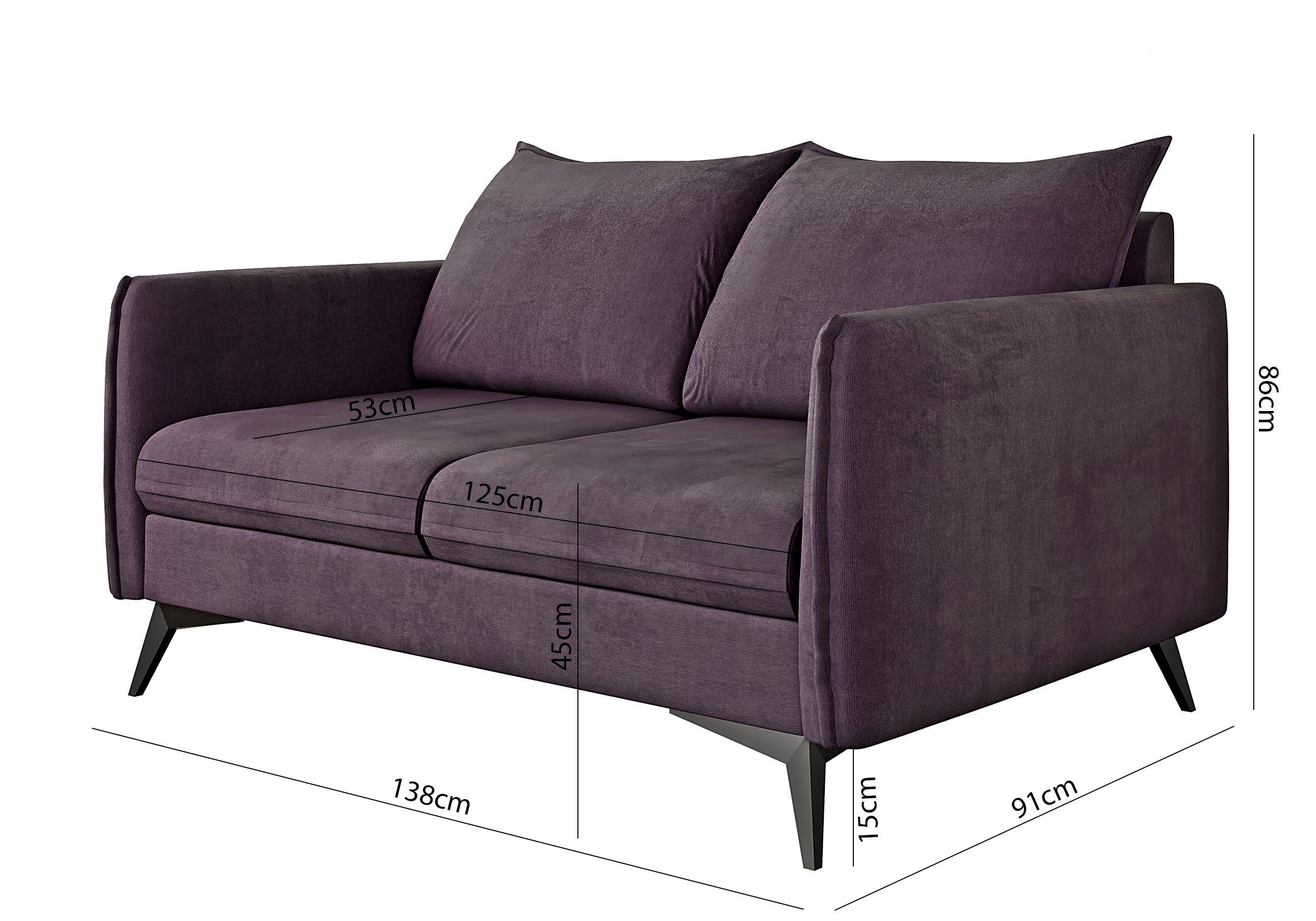 2-Sitzer Wellenfederung Azalea mit Lila Sofa Füßen, S-Style Modernes Metall Möbel Schwarz mit