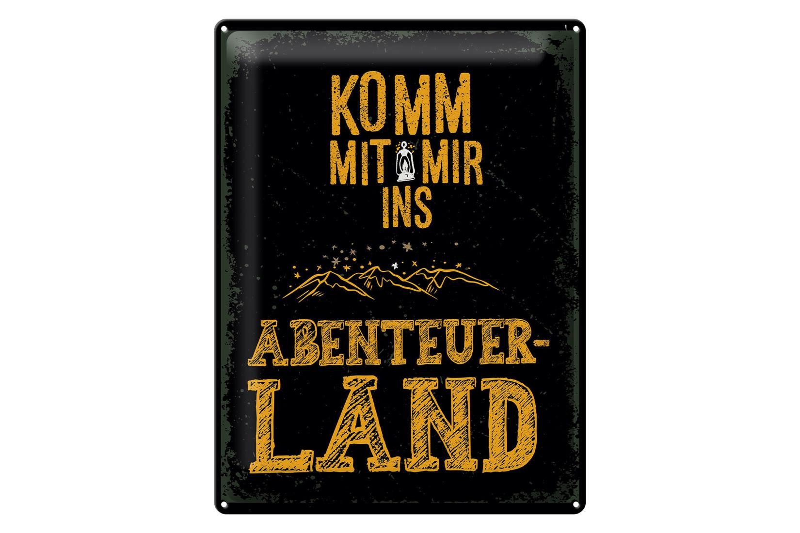 Metallschild Spruch Komm mit mir Abenteuerland schwarz 30x40cm