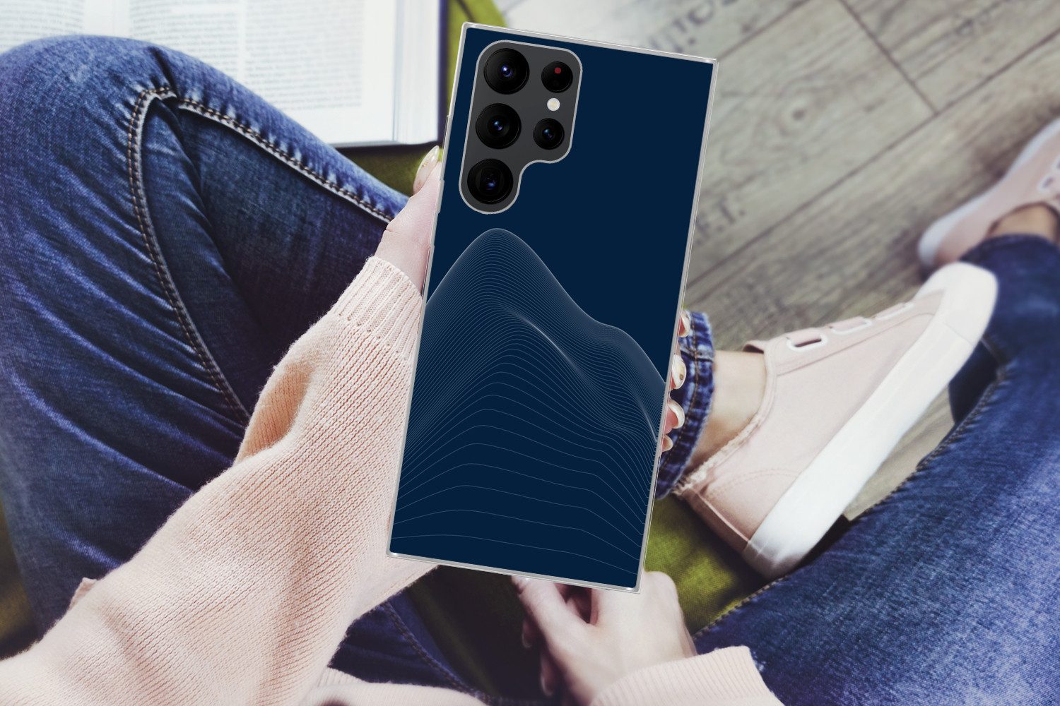 MuchoWow Handyhülle für Samsung Galaxy S22 Ultra Linien - Abstrakt - Blau - Weiß, Phone Case, Silikon, Schutzhülle Dünn
