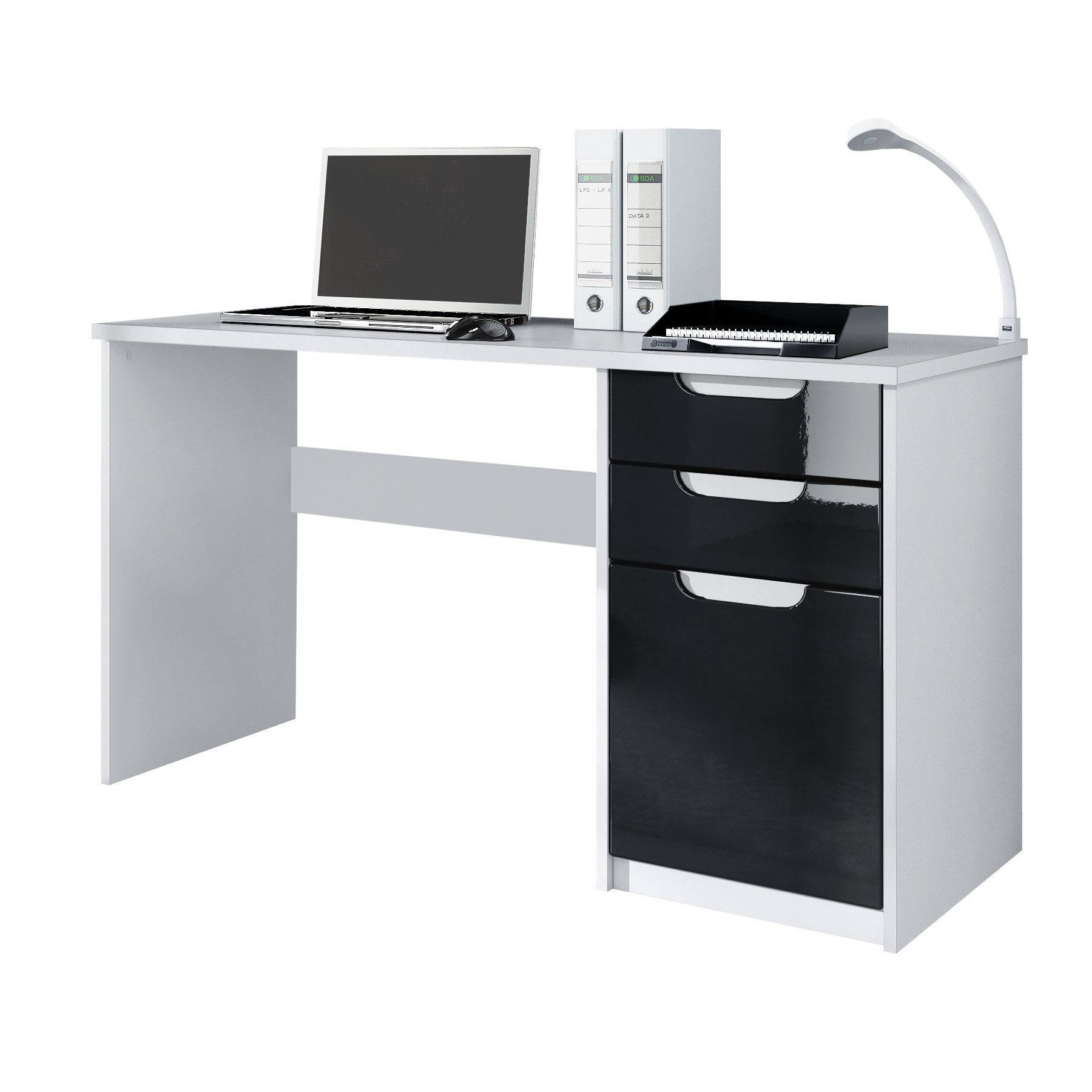 Vladon Schreibtisch Logan (Bürotisch, mit 2 Schubladen und 1 Tür), Weiß matt/Schwarz Hochglanz (129 x 76 x 60 cm) Fronten in Schwarz Hochglanz