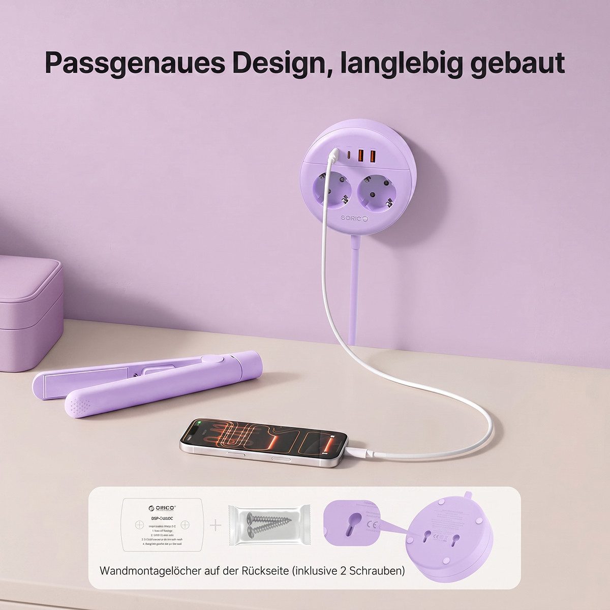 ORICO Steckdose Runde Steckdosenleiste mit USB-C PD 20W, 2 Steckdosen & 4 USB (2× USB-C), 1-St., 1,5 m Kabel, Wandmontage & Sicherheitsverschluss, 2500W für Bür – Bild 4 von 5