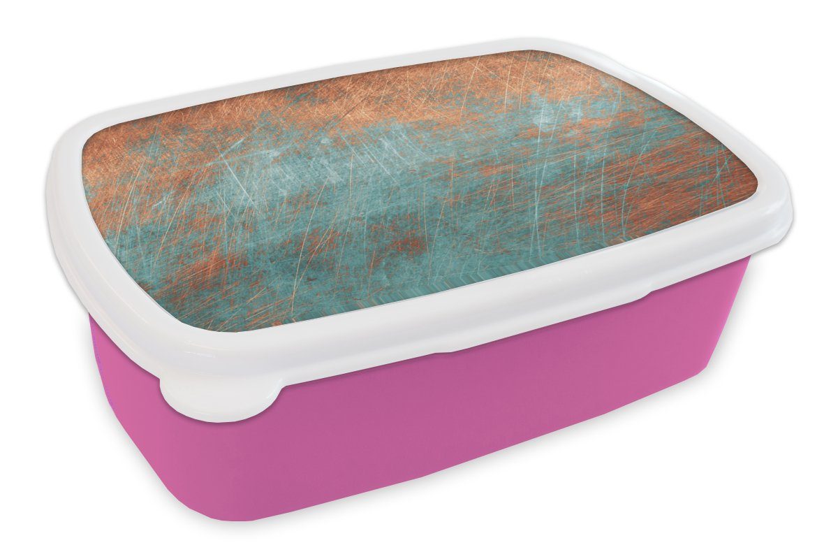 MuchoWow Lunchbox Metall - Rost - Bronze - Blau - Abstrakt - Struktur, Kunststoff, (2-tlg), Brotbox für Erwachsene, Brotdose Kinder, Snackbox, Mädchen, Kunststoff rosa