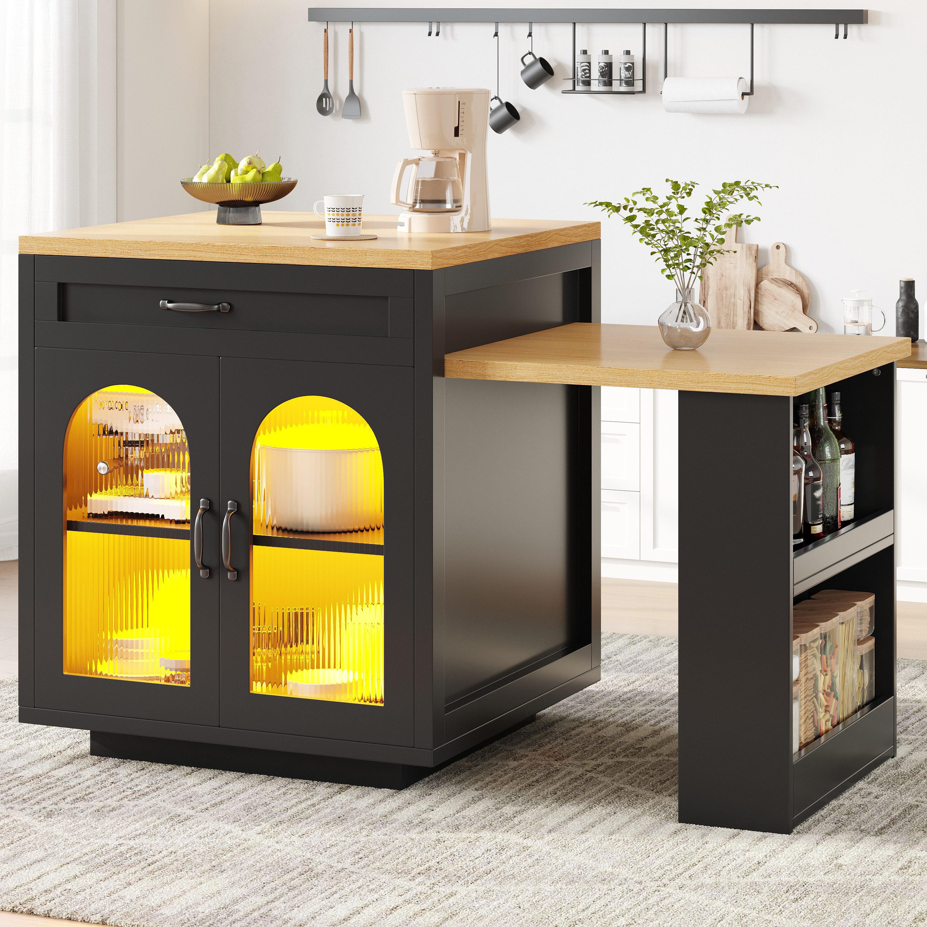 STILVORA Sideboard Kücheninsel Bartisch Ausziehbare Küchenschrank mit LED (Kücheninsel ausziehbar mit LED, ausziehbar, LED RGB (APP), mit 2 Schubladen & Stauraum, bis 60 kg), 80×94 cm, Tischplatte 126–196 cm, MDF+Glas