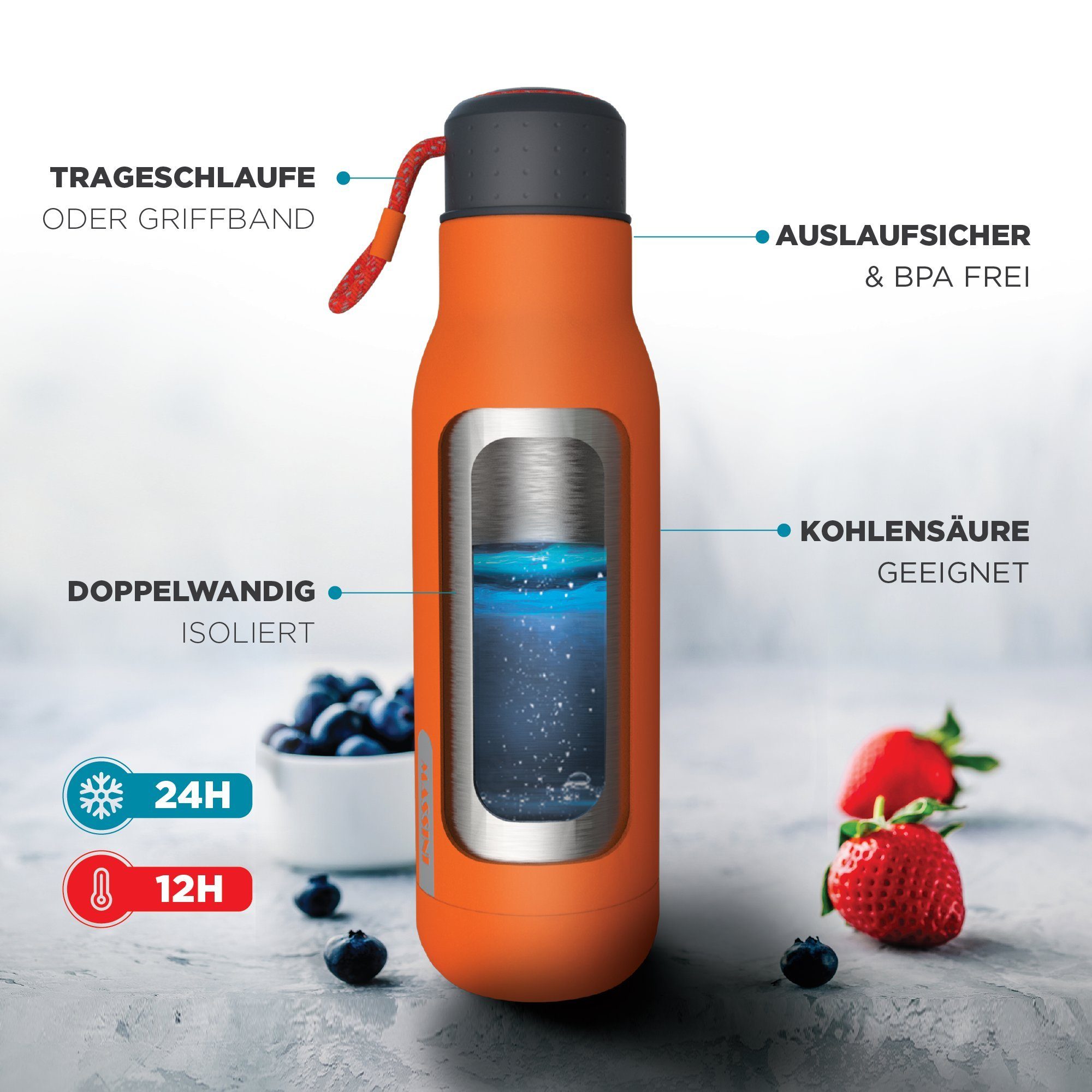 Edelstahl Trinkflasche Isolier- Feuerorange Trinkflasche Massini Design Thermoflasche geeignet, Auslaufsicher, und BPA-Frei Pulverbeschichtung, Kohlensäure