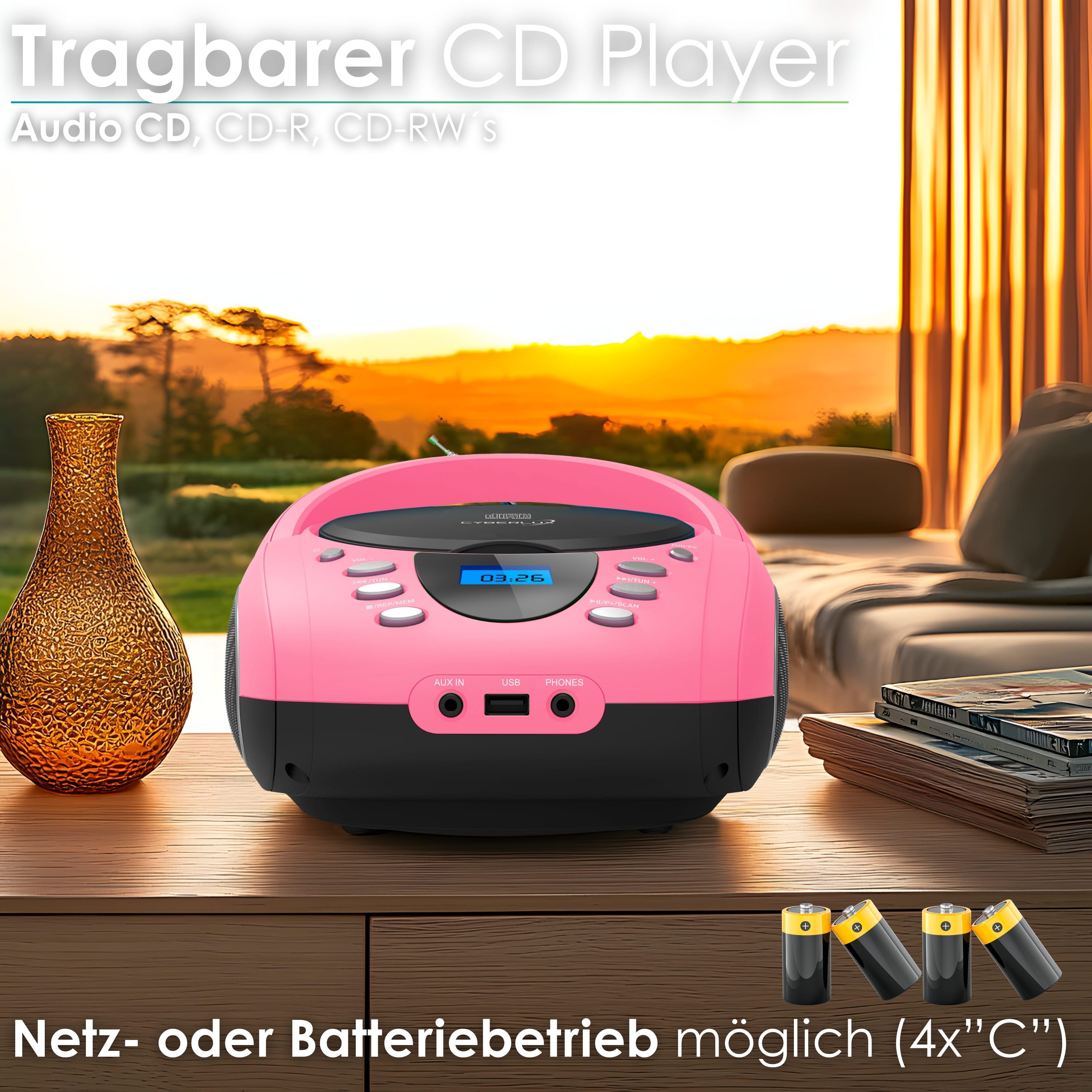 Cyberlux CL-720 tragbarer CD-Player (CD, Kinder CD Player tragbar, Boombox, Musikbox, FM Radio mit MP3 USB)