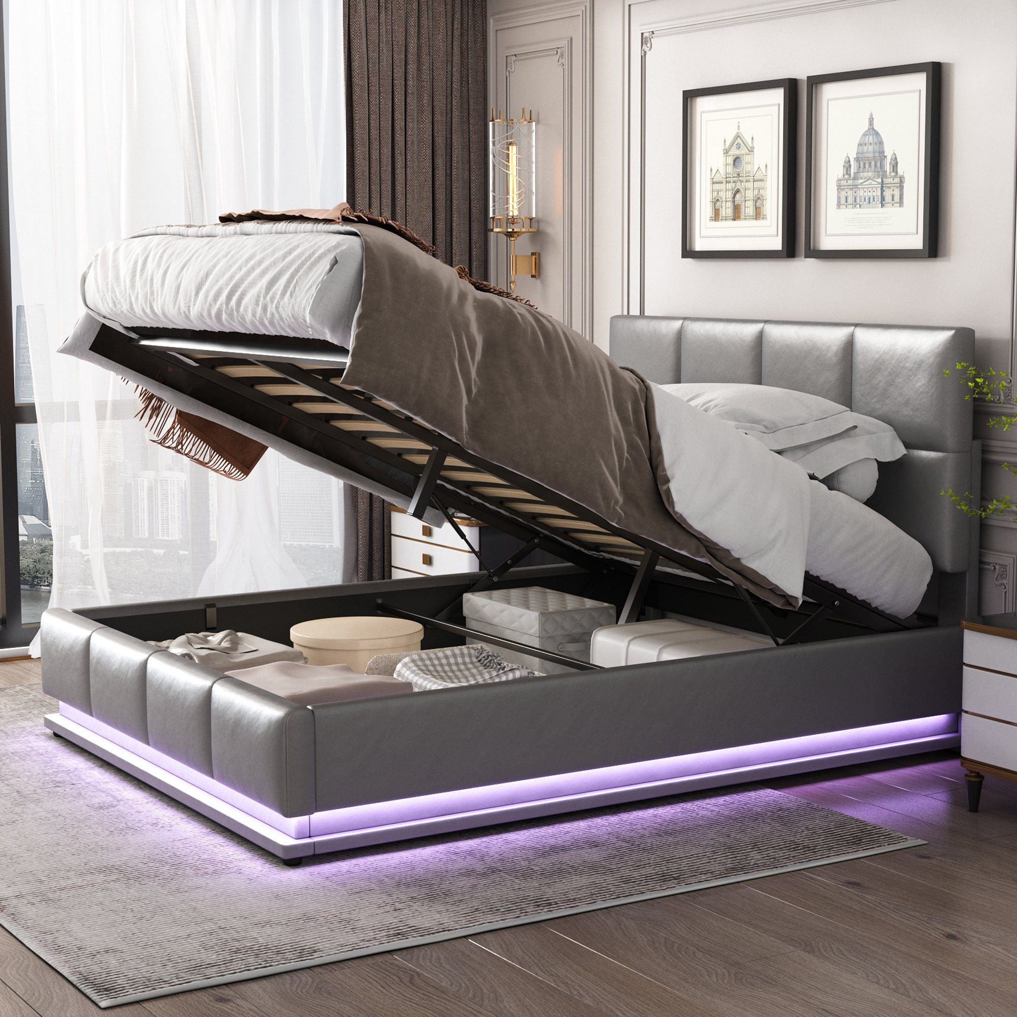 Flieks Polsterbett, LED hydraulisches Doppelbett Kunstleder 140x200cm günstig online kaufen