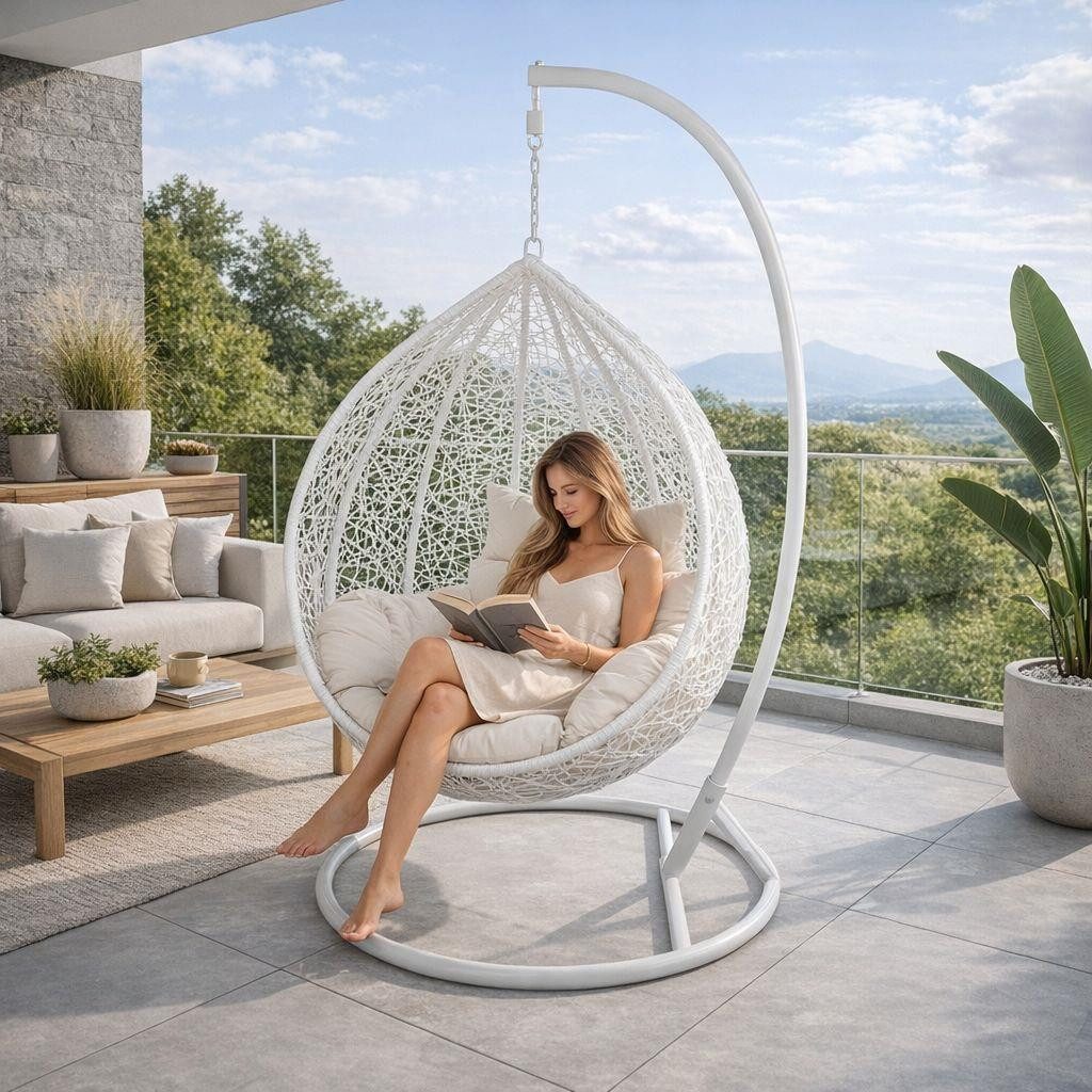 ESTEXO Hängesessel mit Gestell Rattan Korb Hängekorb Polyrattan Gartensessel Weiß