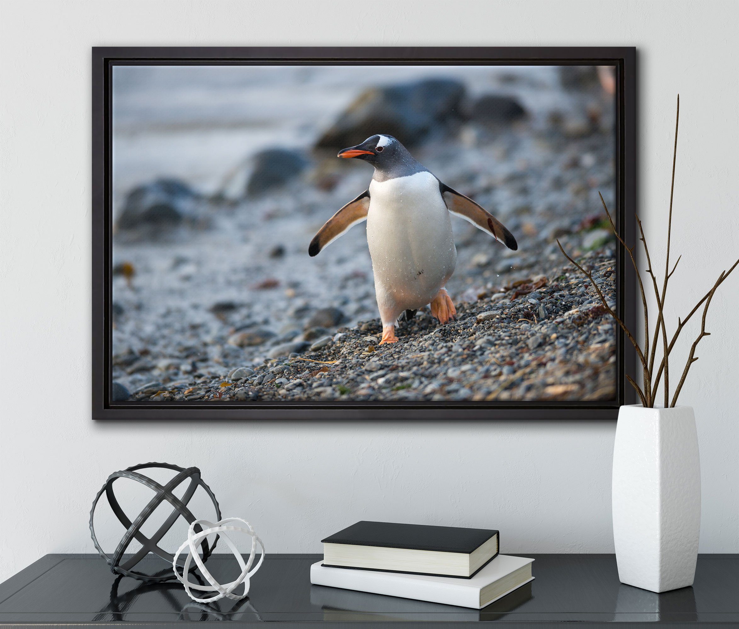bespannt, Pixxprint Schattenfugen-Bilderrahmen Leinwandbild Pinguine, in inkl. Wanddekoration (1 fertig gefasst, St), Zackenaufhänger Leinwandbild einem