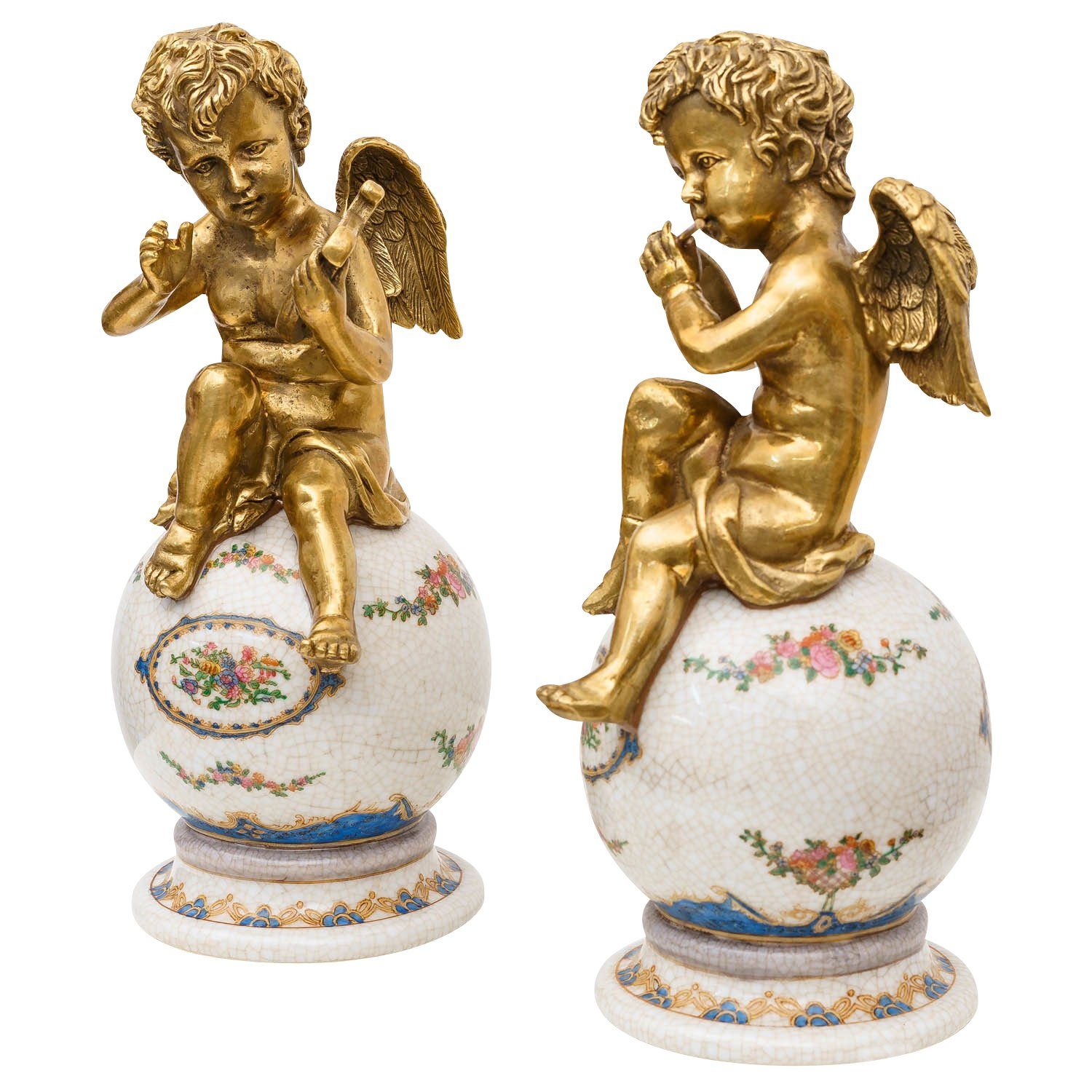 Aubaho Engelfigur Engel Flöte Porzellan Paar Figur Skulptur Kugel Messing Harfe Antik-St