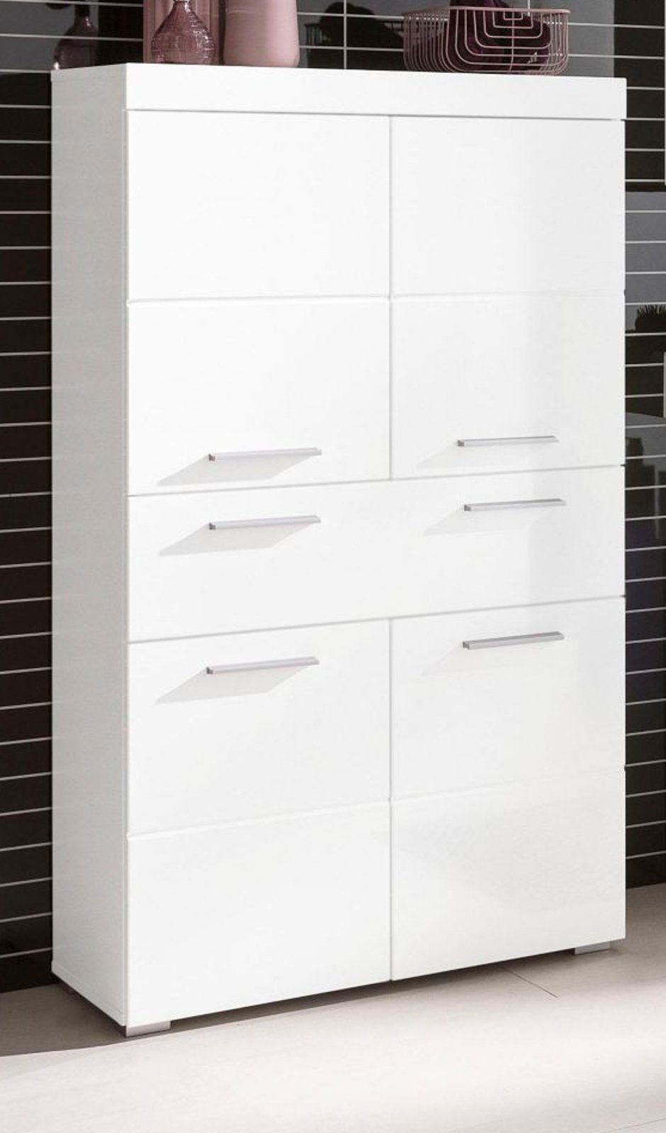 trendteam Midischrank Amanda (Badschrank in weiß Hochglanz, 4-türig, 73 x 132 cm) mit viel Stauraum