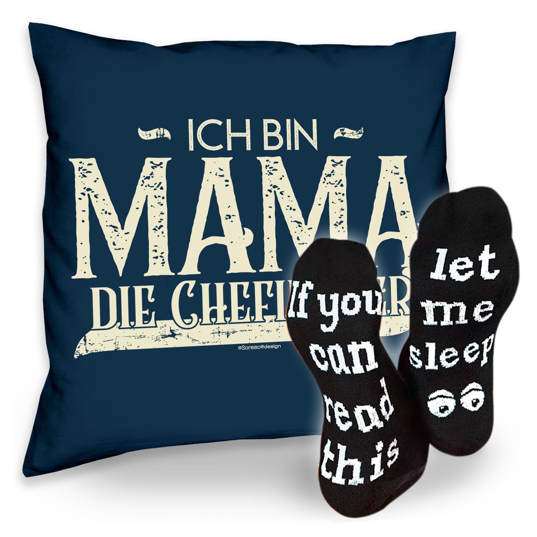 bin Geschenkidee Kissen Weihnachtsgeschenk Socken hier Sprüche Mama Ich Soreso® Sleep, Chefin die & navy-blau Dekokissen