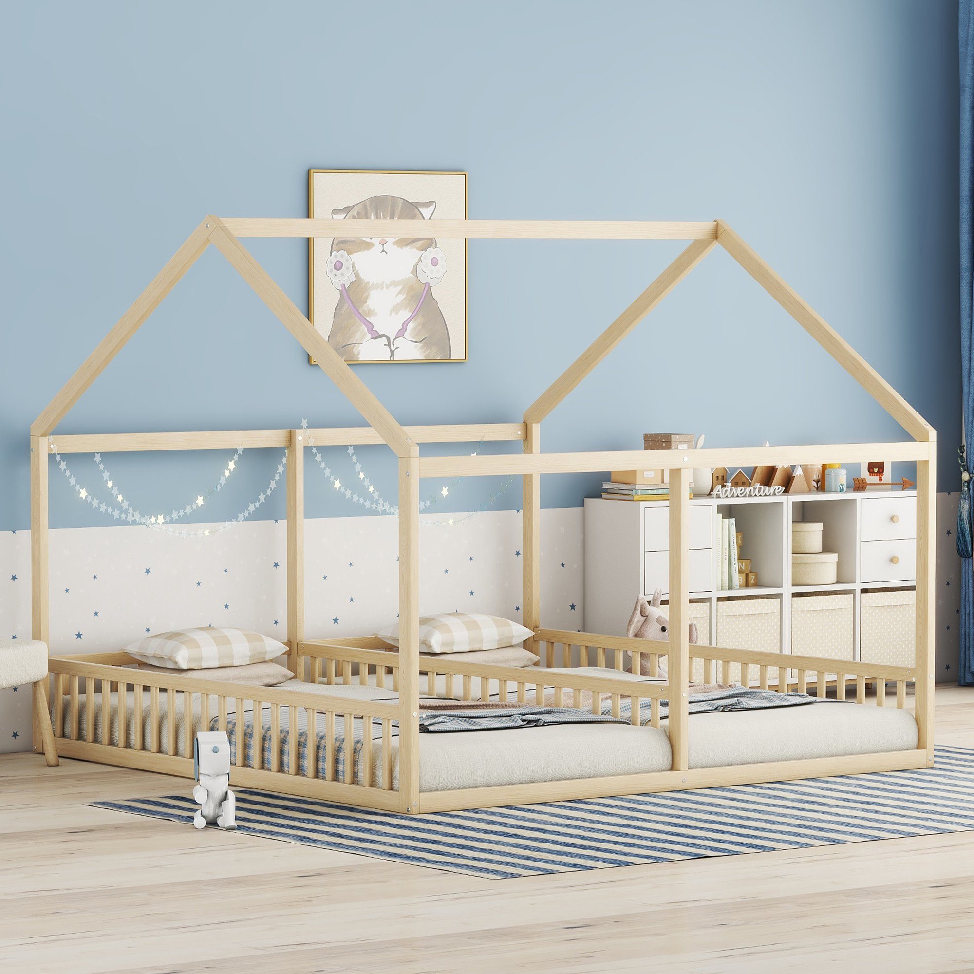 Einzelbetten, (flache Funktionsbett WISHDOR Hausmodelle, Holzbett Betten, ohne Matratze 2-in-1-Betten), 2-in-1-Betten Natur Kinderbett