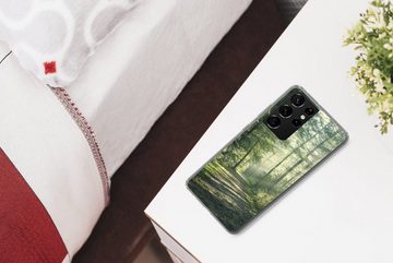 MuchoWow Handyhülle Wald - Weg - Sonne - Bäume - Grün - Natur, Phone Case, Handyhülle Samsung Galaxy S21 Ultra, Silikon, Schutzhülle
