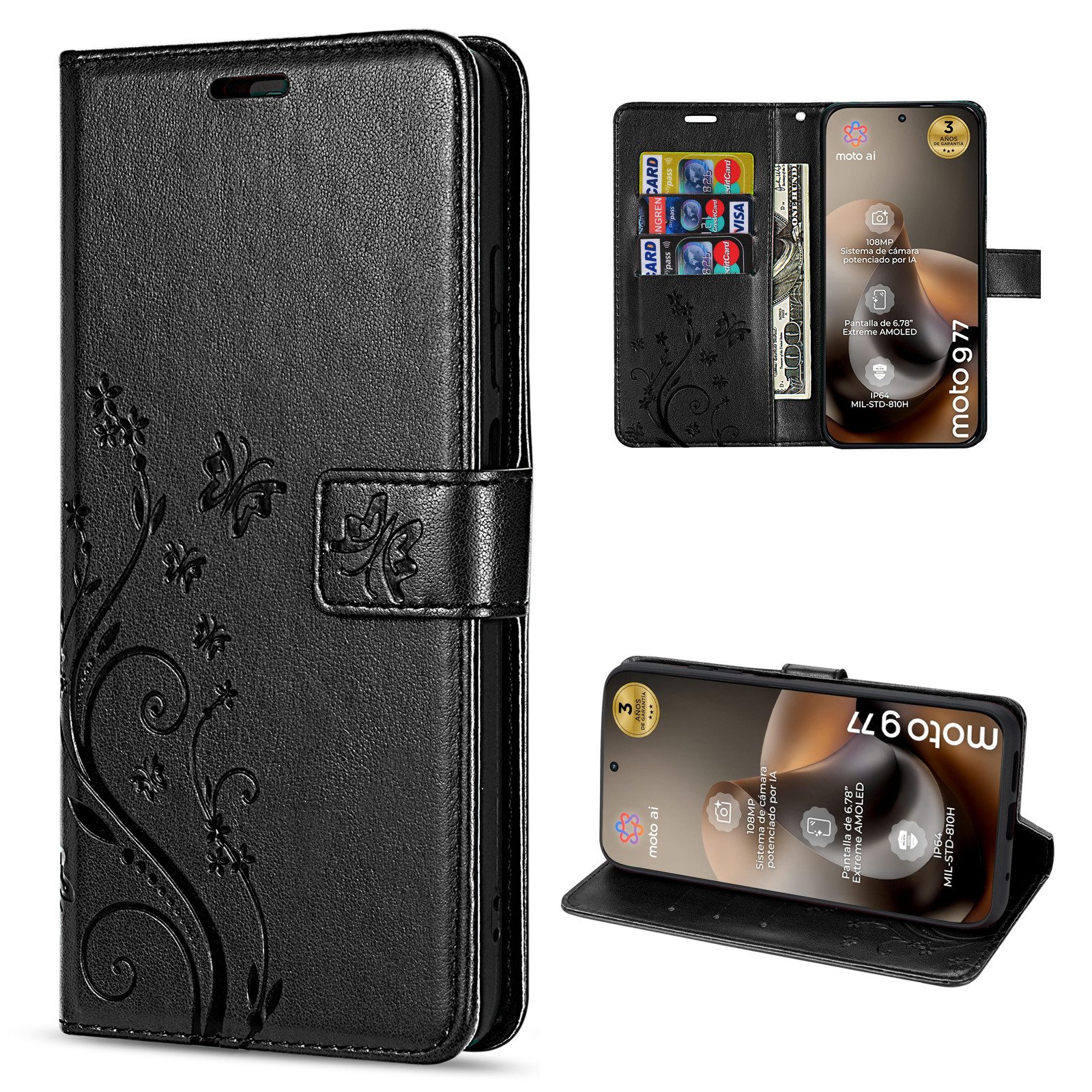 betterfon Handyhülle für Motorola Moto G67 / G77 Hülle mit [Standfunktion][Kartenfächern], Bookstyle-Hülle: Magnetverschluss 3 Kartenfächer & Standfunktion