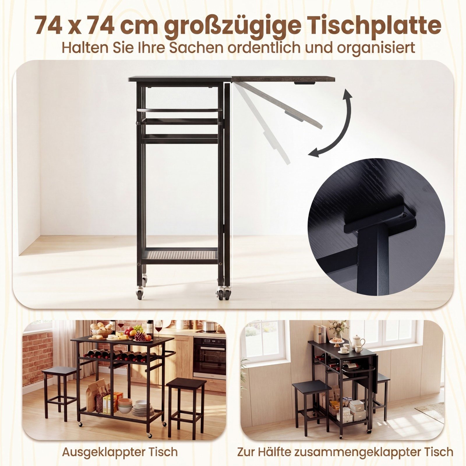 COSTWAY Esstisch, Set 3 tlg. mit 2 Hockern, klappbares Bartisch auf Rollen