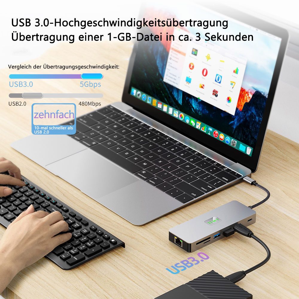 TUWENA Laptop-Dockingstation Docking Station USB C HUB, 11 in 1 Adapter, für MacBook/Laptop/Tablet