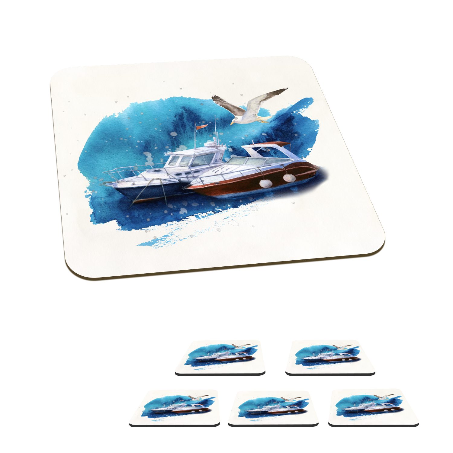 MuchoWow Glasuntersetzer Boot - Vogel - Aquarell, Zubehör für Gläser, 6-tlg., Glasuntersetzer, Tischuntersetzer, Korkuntersetzer, Untersetzer, Tasse