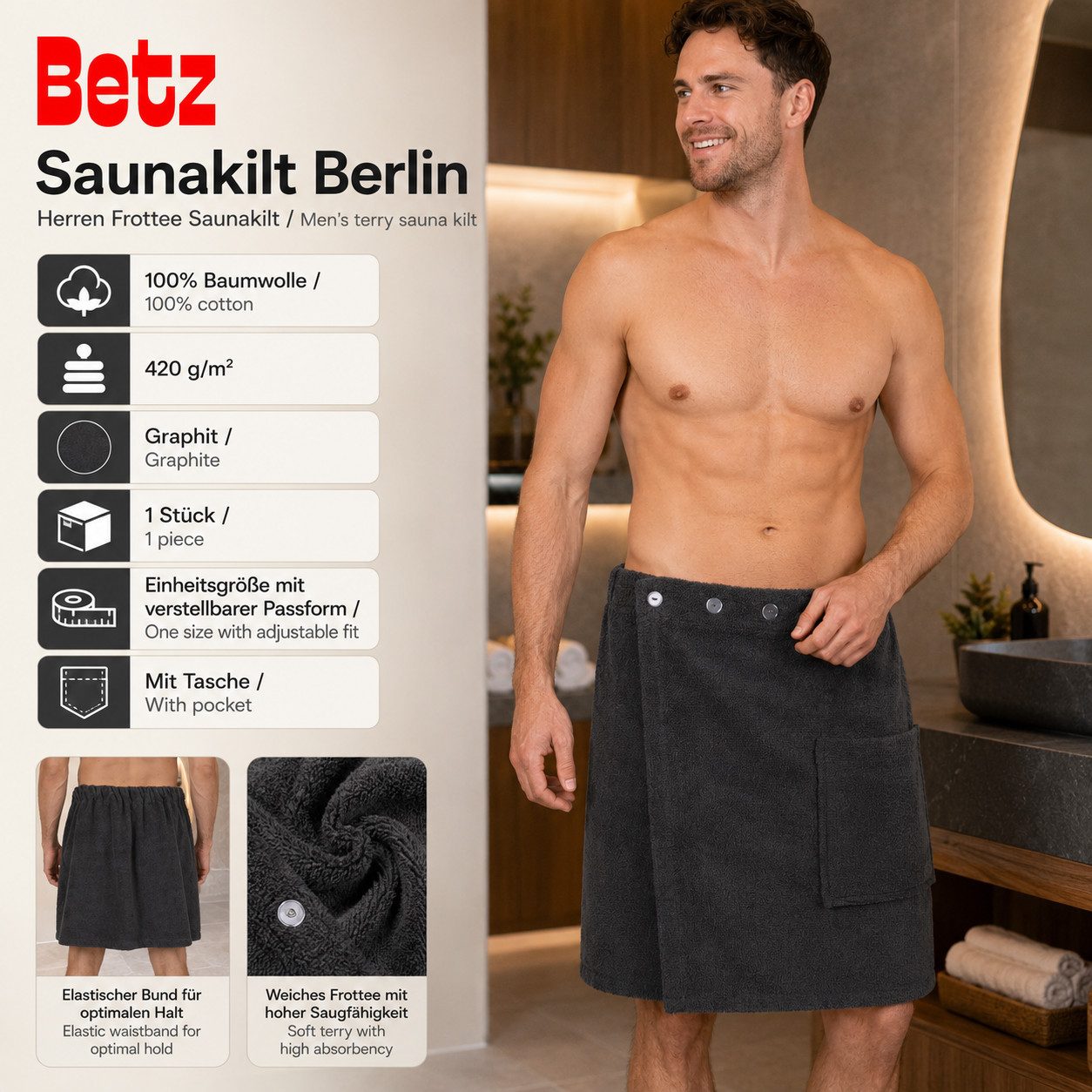 Betz Kilt Frottee Saunakilt BERLIN mit Knöpfen für Herren 420 g/m²