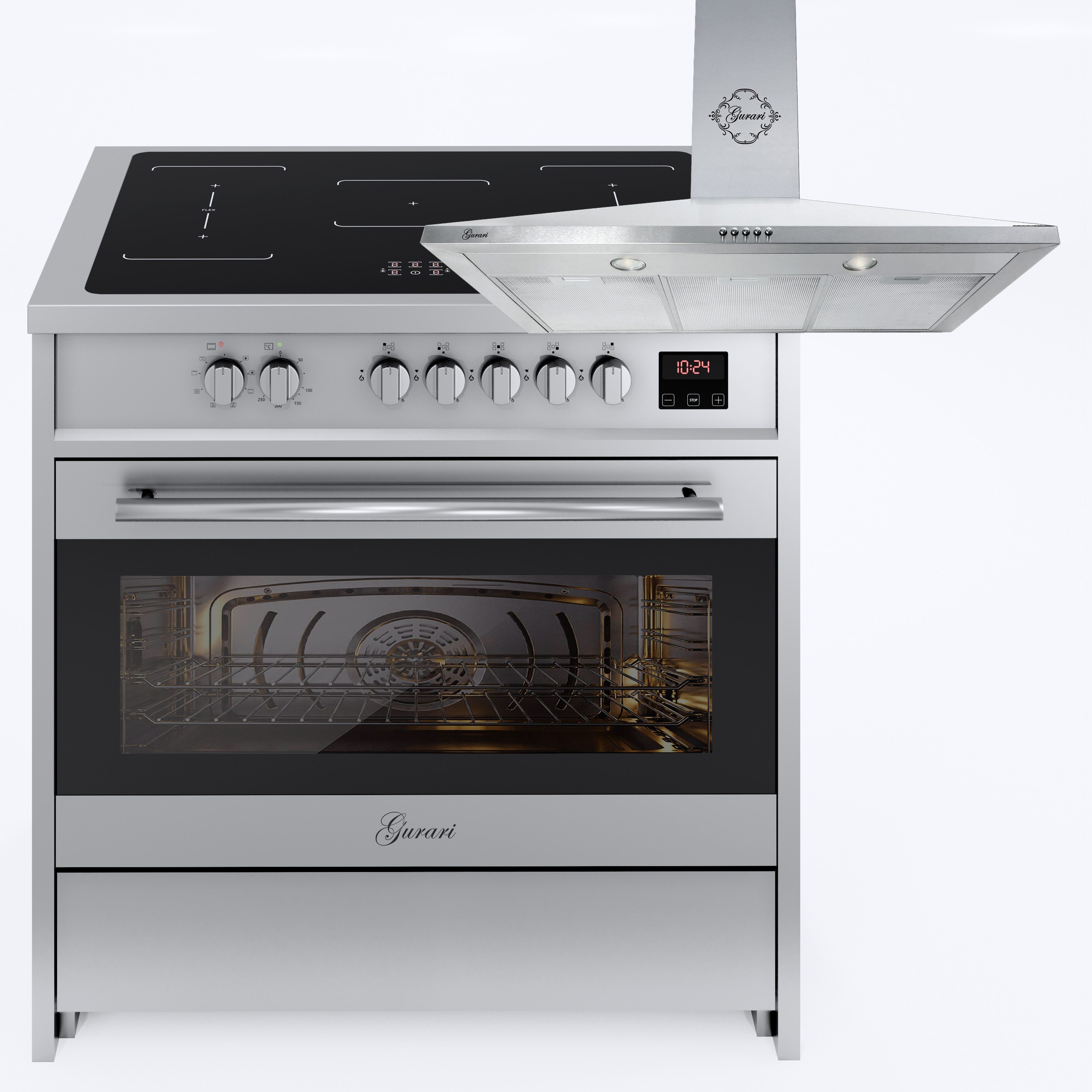 GURARI Induktions-Standherd Induktions Standherd 90 cm, 121L, Range Coocker +Dunstabzugshaube 90 cm GCH E 913 X +GCH C 147 IS 9.., mit 1-fach-Teleskopauszug