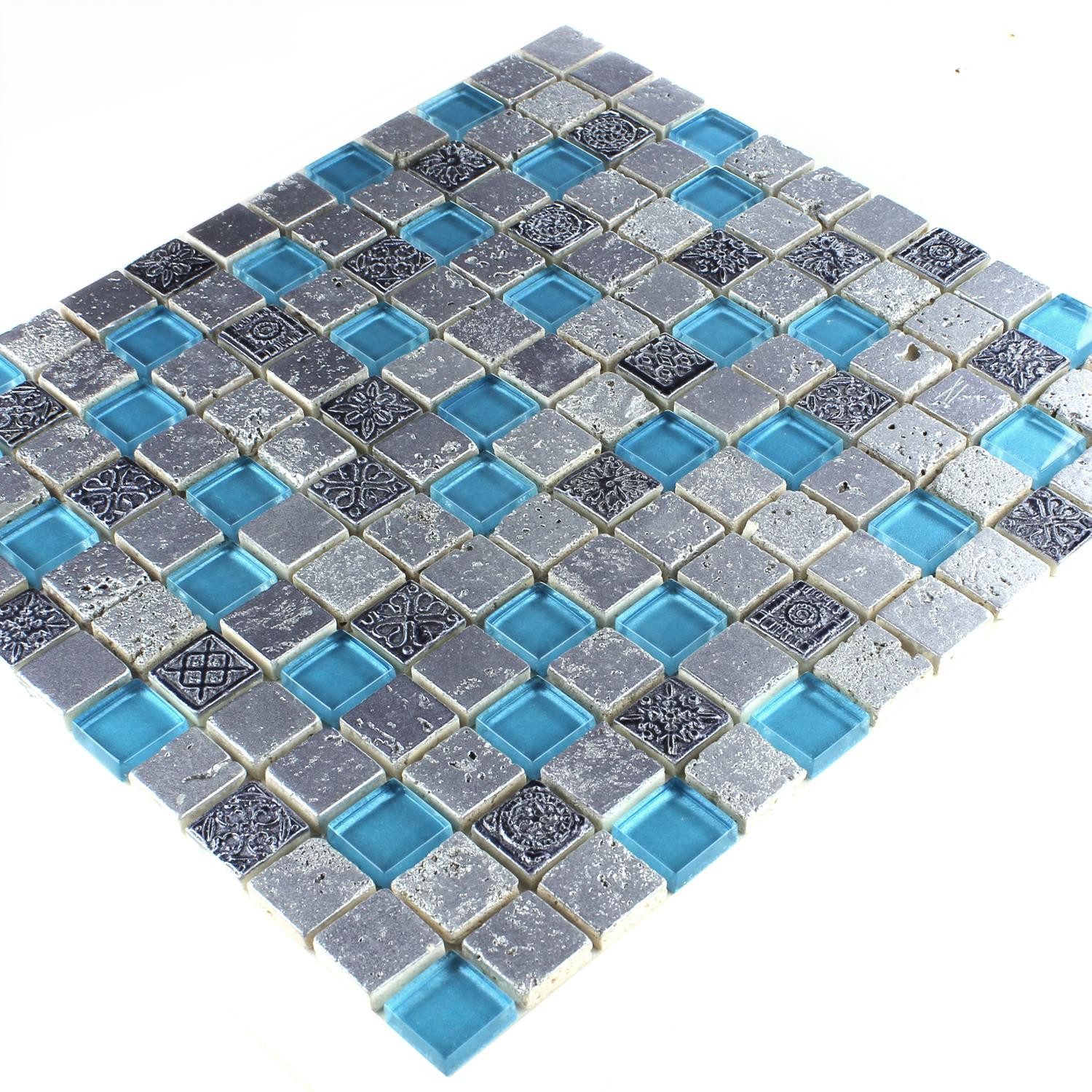 Mosafil Mosaikfliesen Glas Naturstein Mosaikfliesen Colicos, Naturstein-Resin-Glas 30.000x32.500, silber-blau, Verlegefertig auf ein Netz geklebt