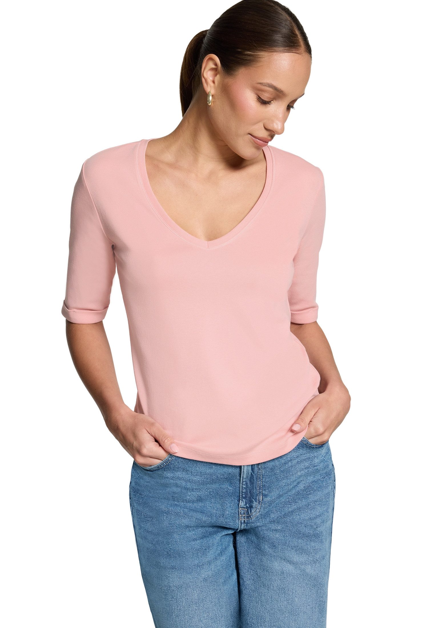 Zero Kurzarmshirt Damen Shirt mit V-Ausschnitt (1-tlg) Aufschlag / Krempel