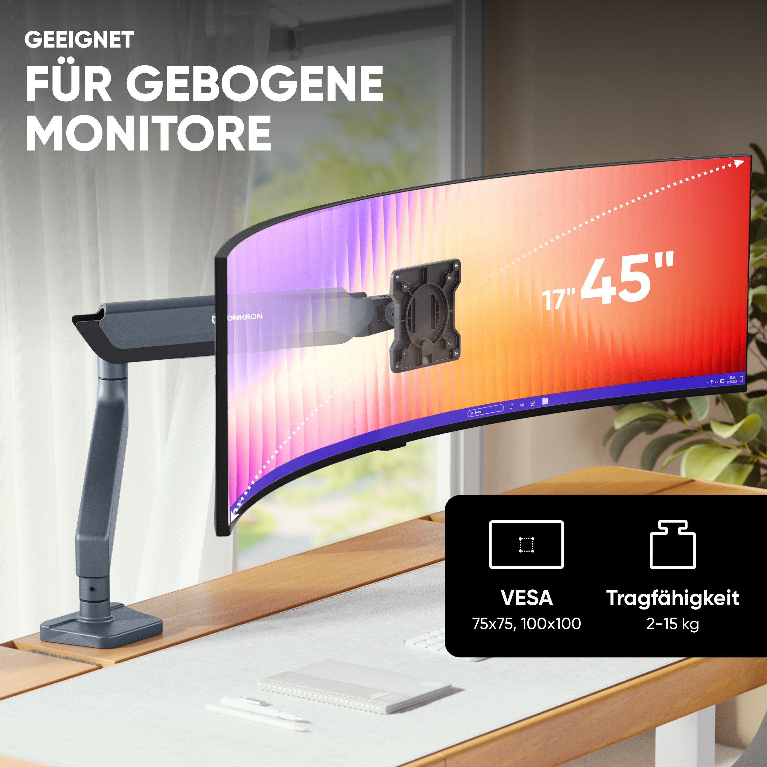 ONKRON Monitor-Halterung 17-45 Zoll, bis 15 kg, VESA 75x75-100x100, G95-G, (bis 45 Zoll, neigbar, schwenkbar, drehbar, Kabelmanagement)