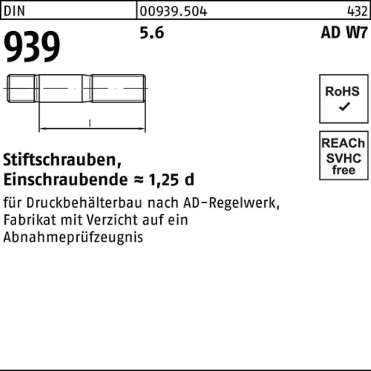 Stiftschraube Reyher 939 Stiftschraube DIN Pack AD 100er Einschraubende=1,25 M16x 5.6 60 W7
