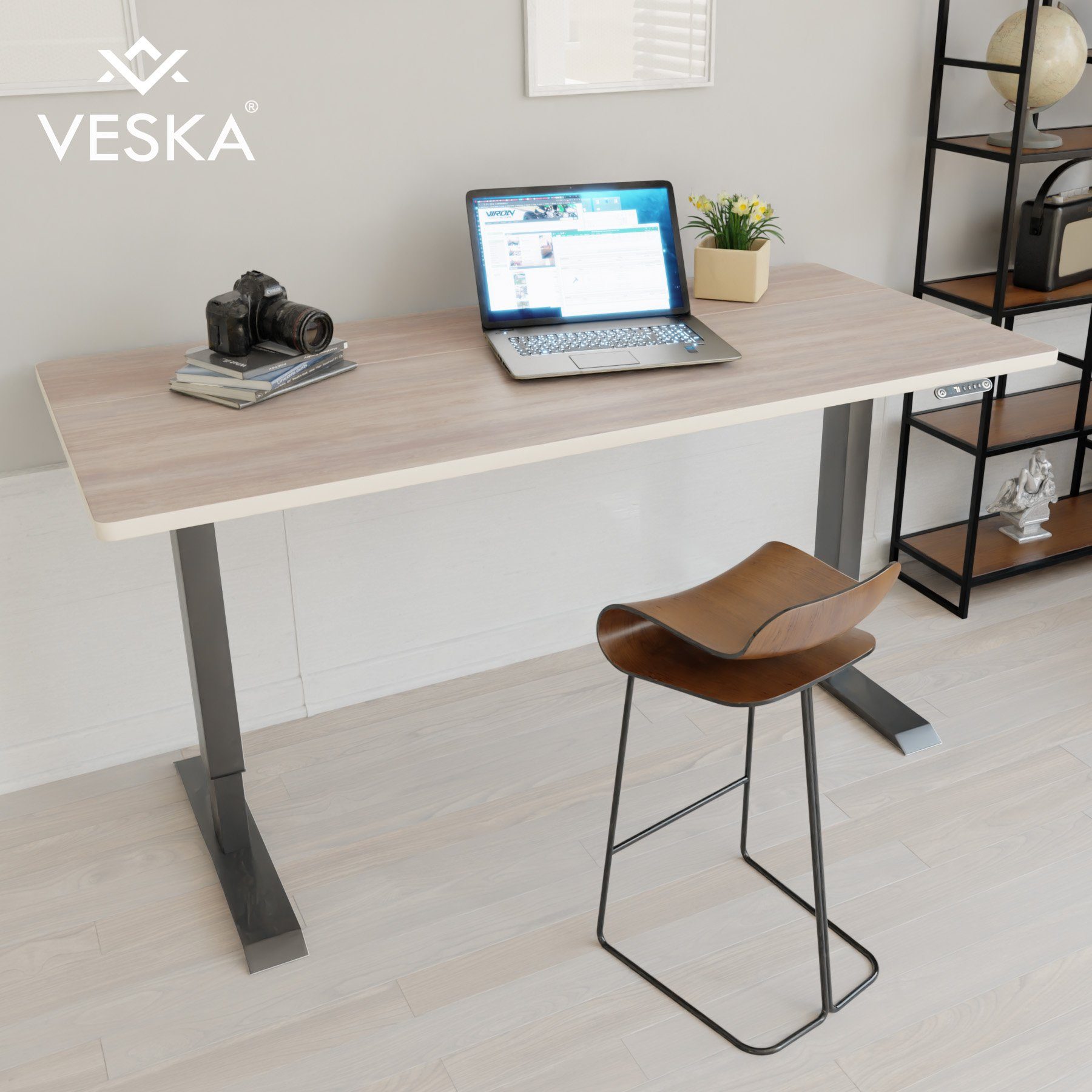 VESKA Schreibtisch Höhenverstellbar 140 x 70 cm - Bürotisch Elektrisch mit Touchscreen - Sitz- & Stehpult Home Office Anthrazit | Eiche