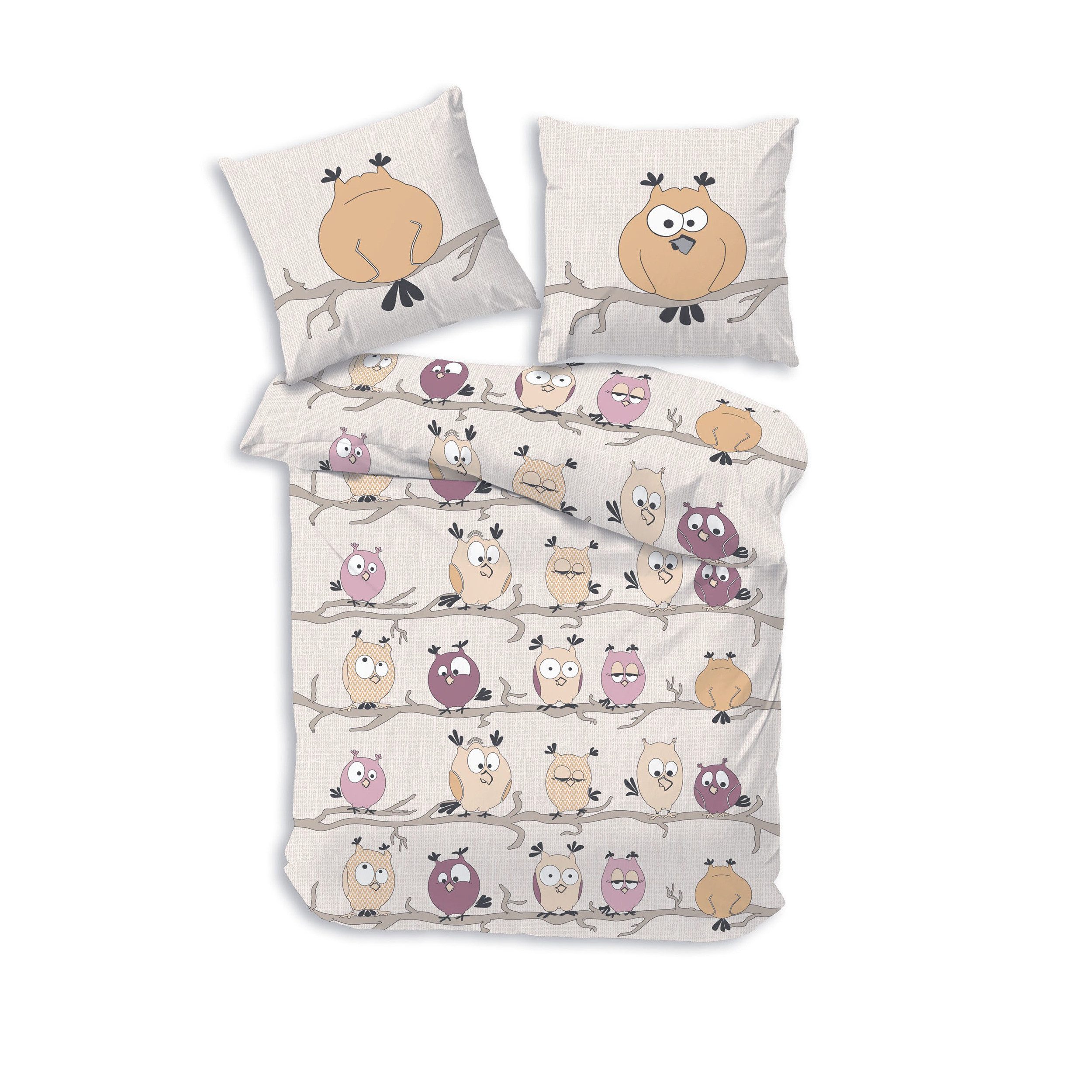 DOBNIG Bettwäsche Flanell, Flanell, 2 teilig, lustige Eulen, sandfarben