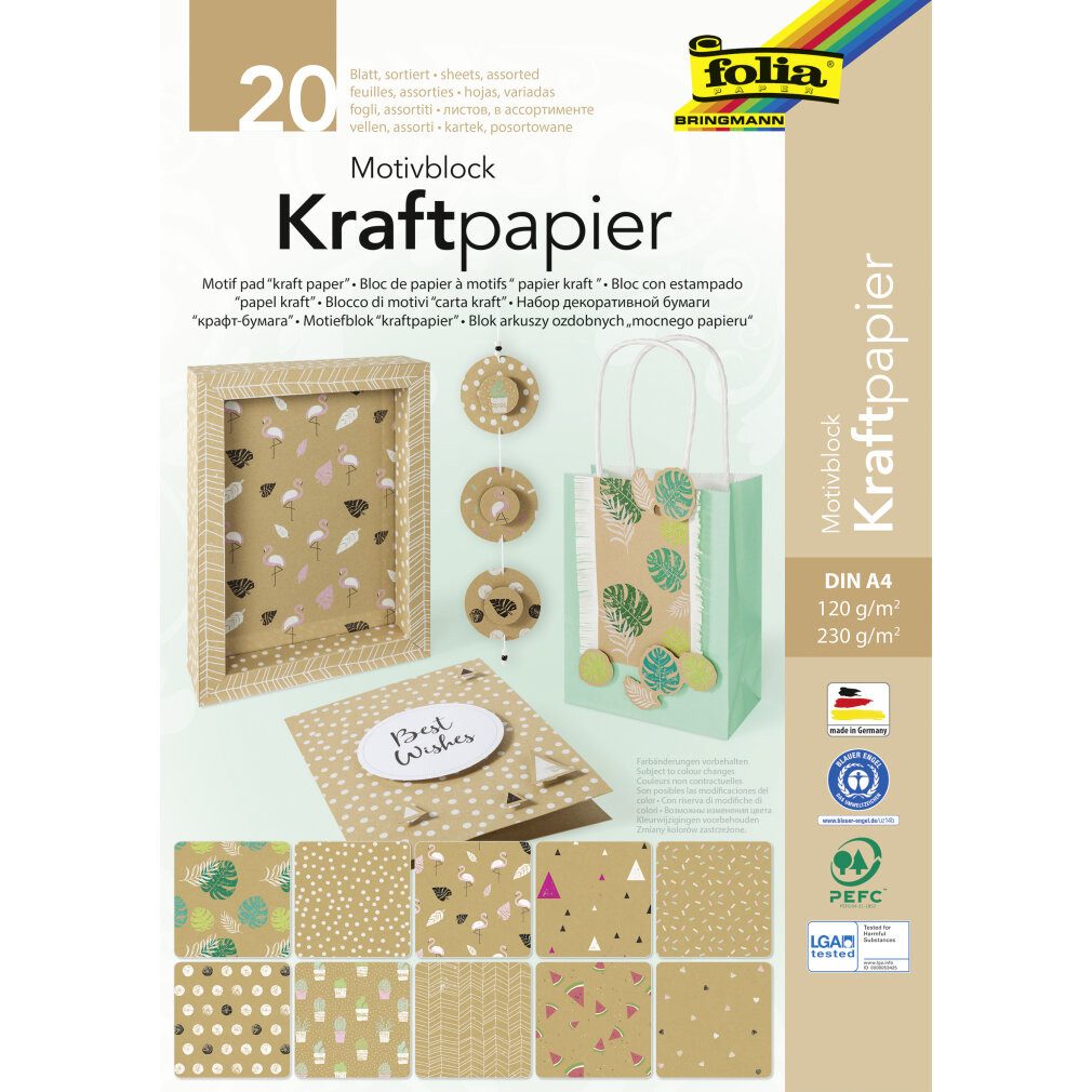Folia Recyclingpapier Motivblock KRAFTPAPIER, DIN A4, 20 Blatt sortiert
