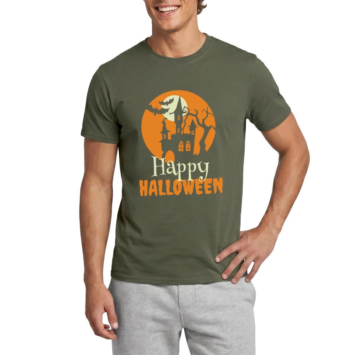 T-Shirt Happy Halloween Spukhaus Mit Vollmond Und Fledermaus Männer T-Shirt