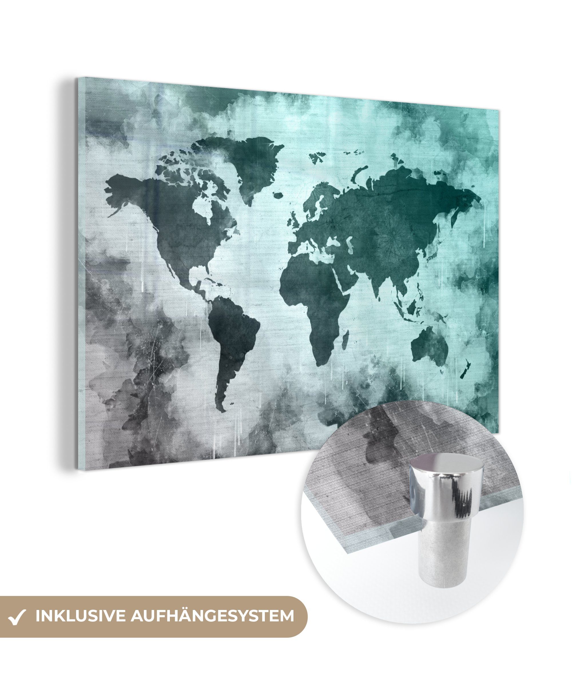 MuchoWow Acrylglasbild Weltkarte - Grau - Blau, (1 St), Glasbilder - Bilder auf Glas Wandbild - Foto auf Glas - Wanddekoration