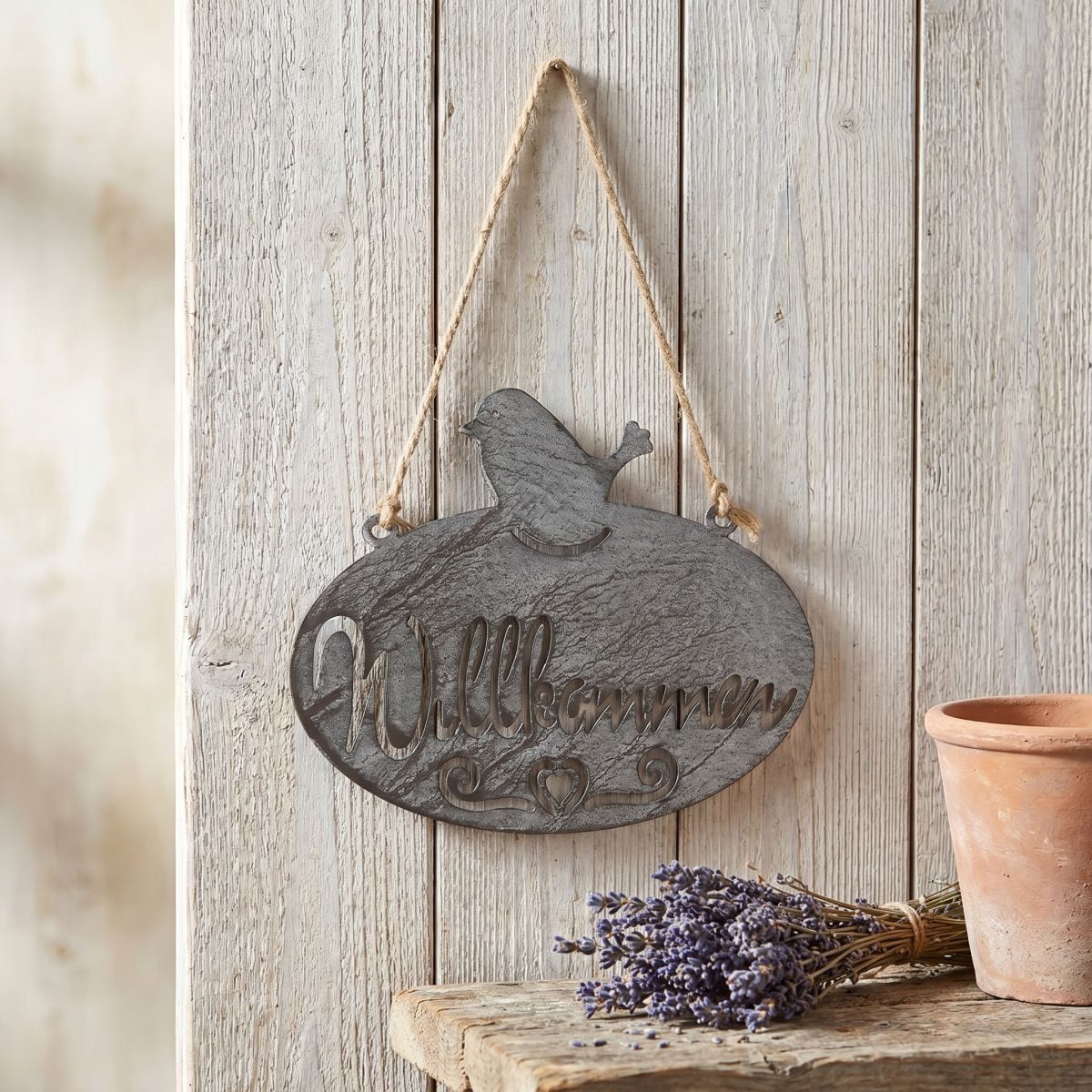 Ambiente Haus Gartenstecker Willkommen Schild mit Vogel (B) 20cm (1-St) zum Aufhängen mit Schnur für Innen- u. Außenbereich
