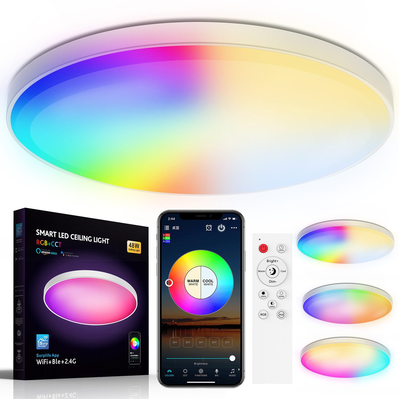 Rosnek LED Deckenleuchte Deckenlampe RGB, 30/48W LED Deckenleuchte Dimmbar mit Fernbedienung, 32*32cm, LED, RGB, CCT, für Schlafzimmer Wohnzimmer
