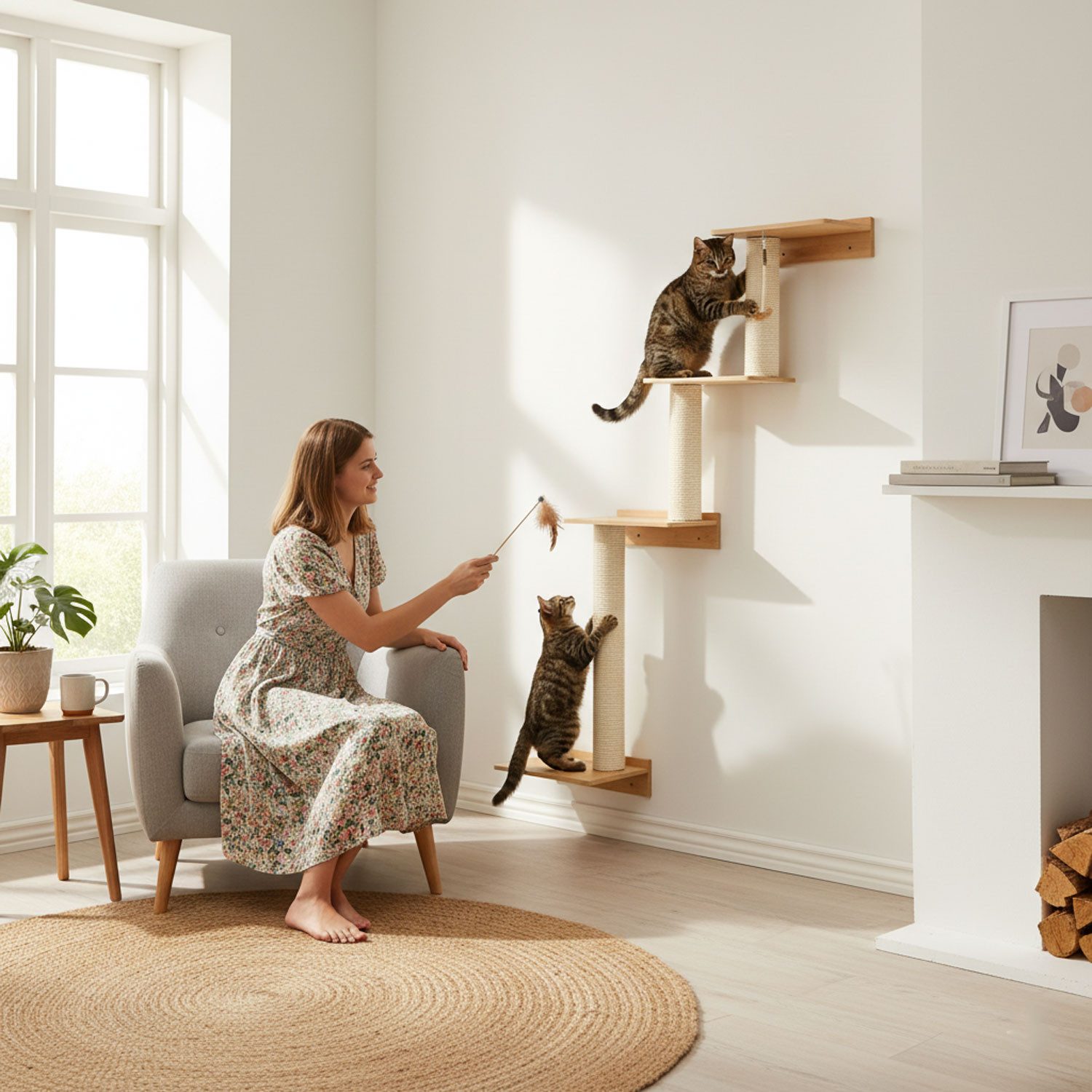eyepower Kratzbaum zur Wandmontage - 143 cm Wandkratzbaum für Katzen mit 4 Bambus Plateau, Sisalstamm Wand - Katzenkratzbaum platzsparend - Kletterwand Katze