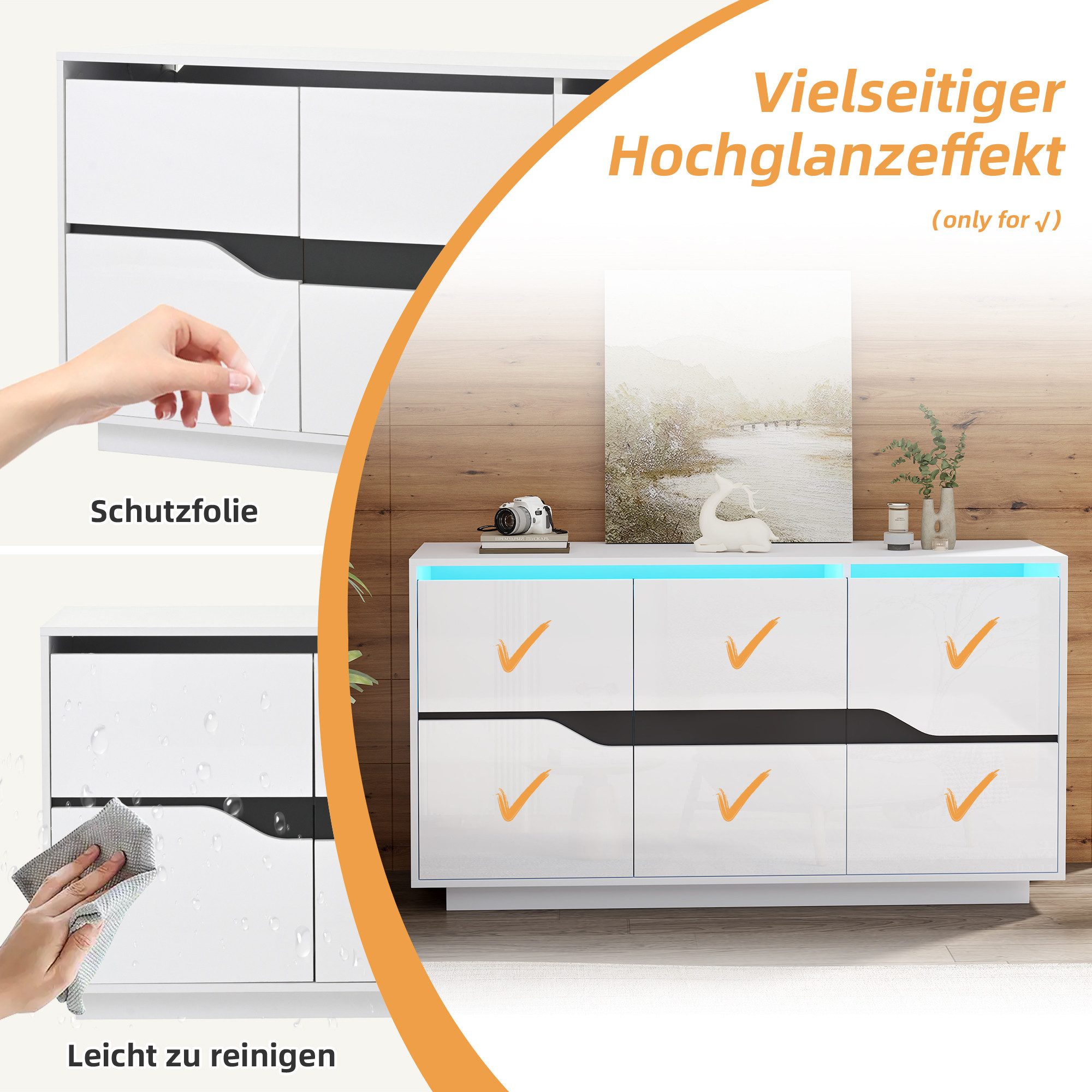 Merax Sideboard 140x40x76cm (1 St., Hochglanzfront in Weiß-Schwarz), Kommode Anrichte mit 3 Türen, verstellbaren Einlegeböden & LED-Licht